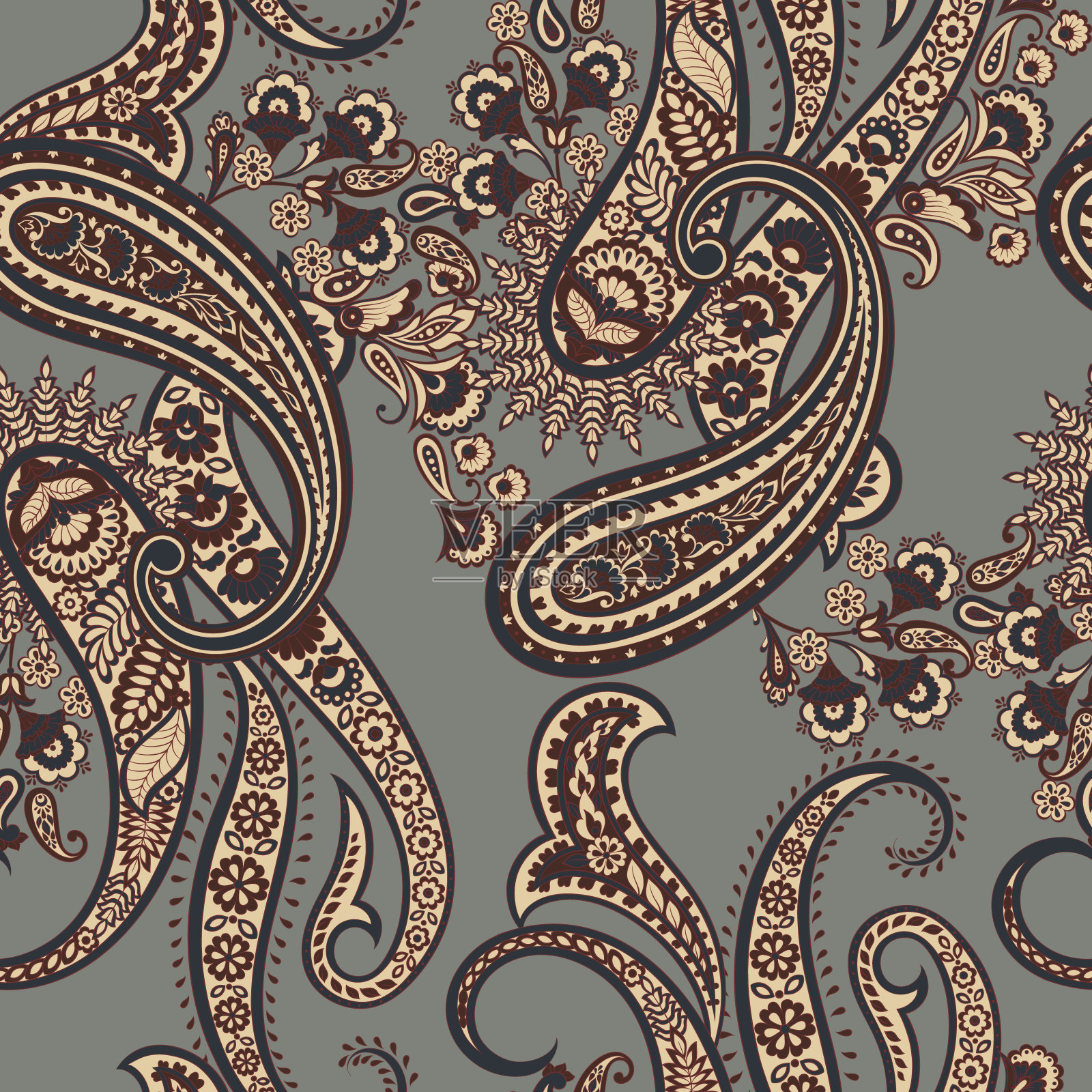 花卉无缝图案与佩斯利装饰。矢量插图在亚洲纺织风格插画图片素材