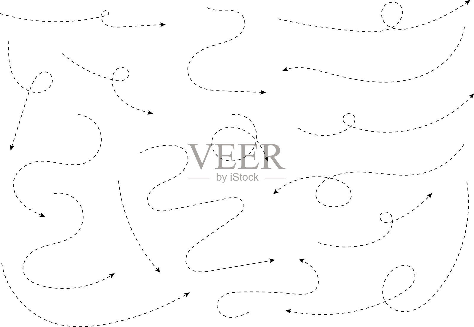 手绘箭头。徒手绘制不同的曲线，漩涡箭头。弯曲的箭头线。涂鸦，素描风格。孤立矢量插图。插画图片素材