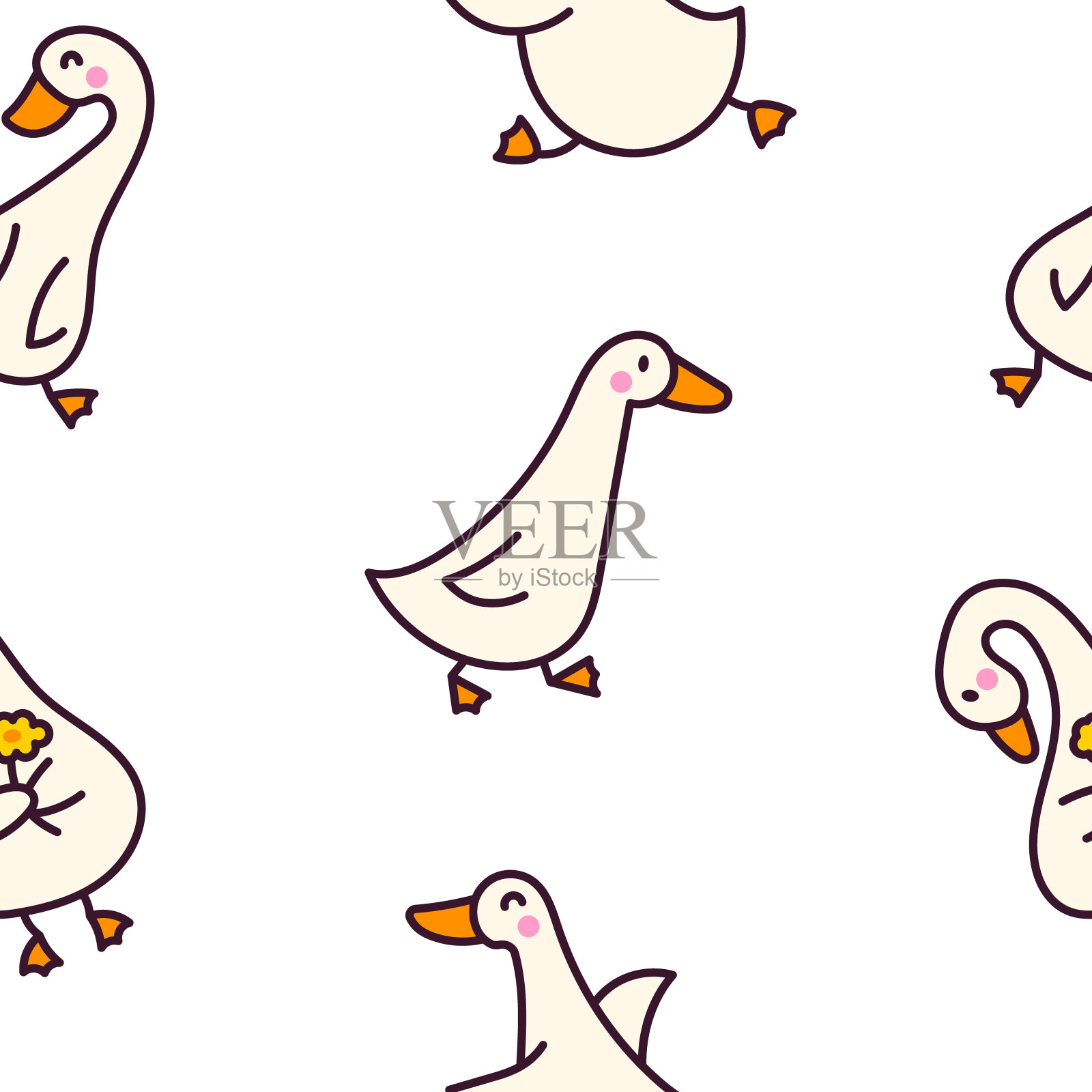 有趣的鹅角色。无缝模式。可爱的卡通卡哇伊鸭。手绘风格。矢量图。设计的饰品。插画图片素材
