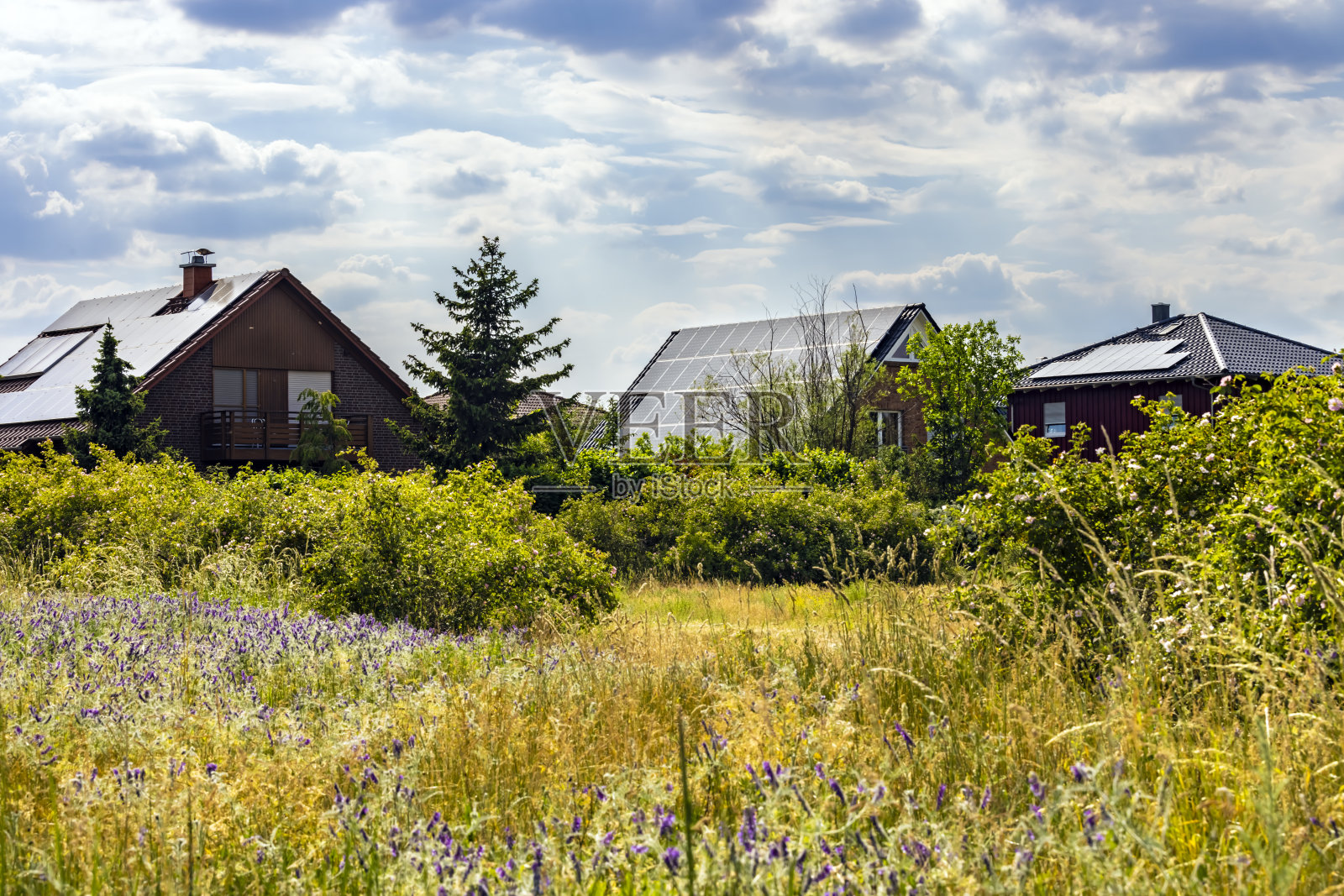 夏天装有太阳能电池板的房子照片摄影图片