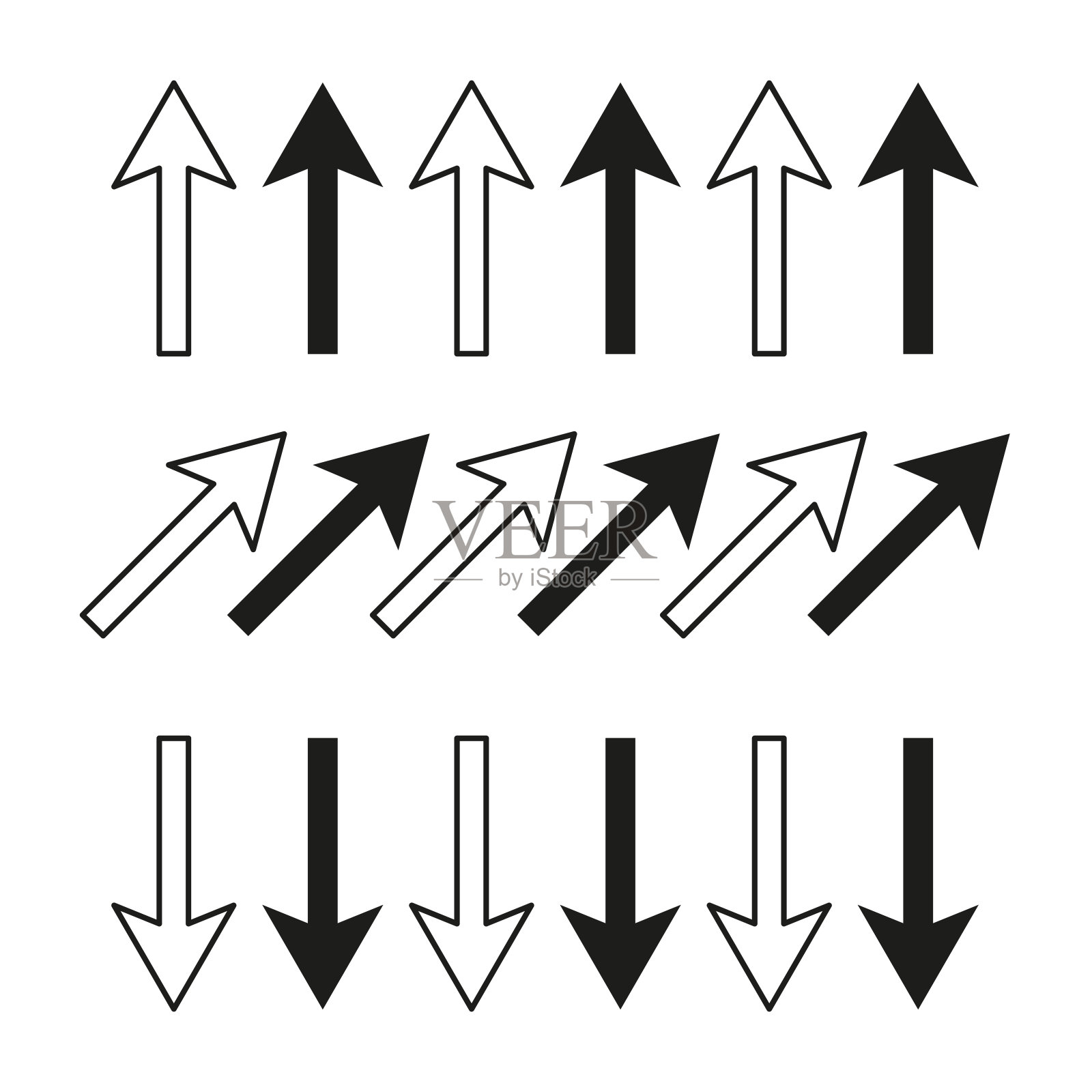 箭头图标集。黑色向量集合。方向符号设计。简单的导航元素。插画图片素材