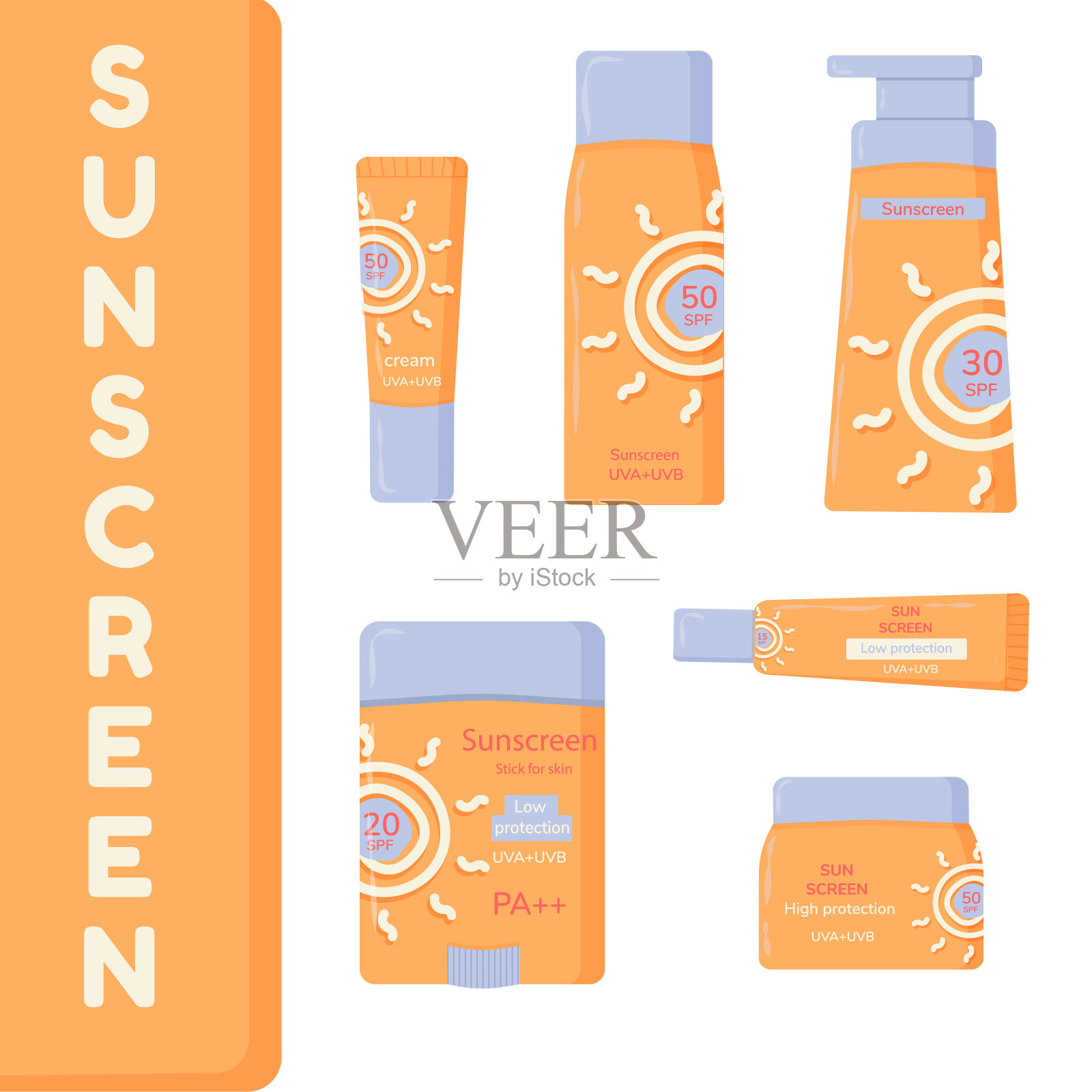 隔离防晒化妆品容器套装，矢量模板spf喷雾产品集合，平面防晒油包装和紫外线阻挡霜瓶，创意防晒保湿管。插画图片素材