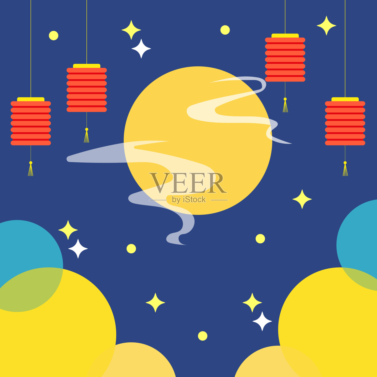 中秋节。黄色的满月。红灯笼挂着。夜空矢量。插画图片素材