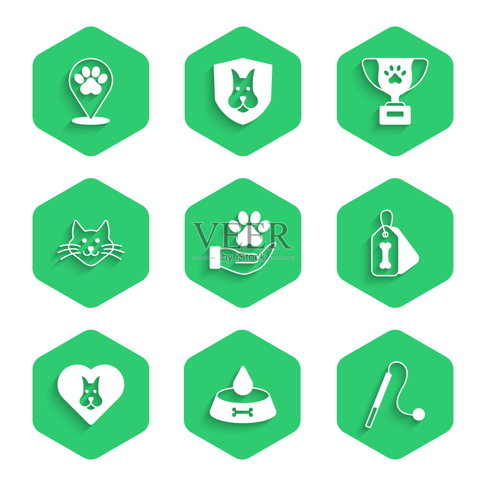 设置手与动物足迹，宠物食品碗猫或狗，玩具，狗颈骨，心脏，猫，奖励标志和位置兽医医院的图标。向量插画图片素材