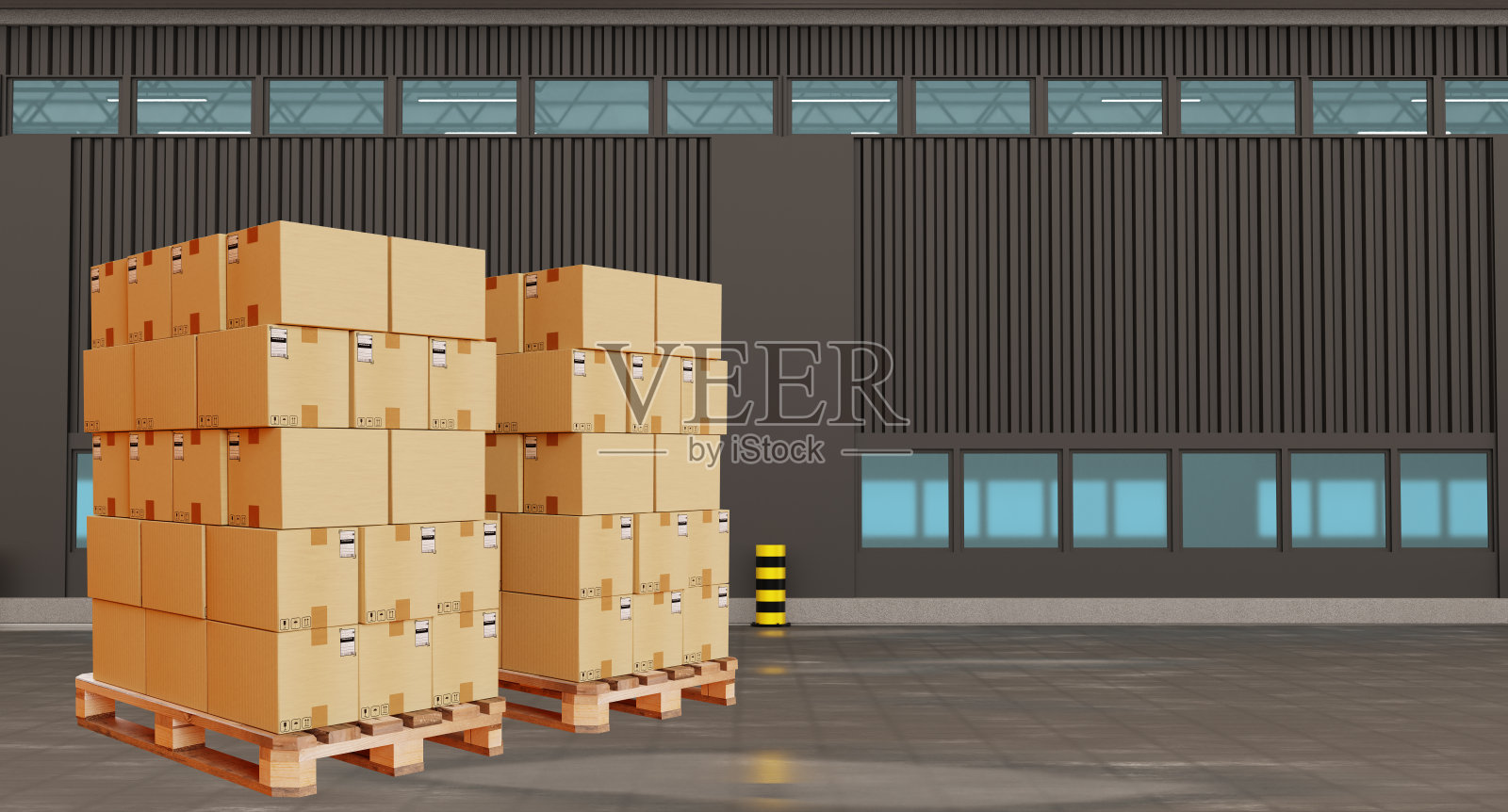 分销商品。托盘上的纸板箱。货物装在大楼附近的箱子里。配送中心可视化。仓库物流。露天装着箱子的托盘。配送仓库。三维图像照片摄影图片