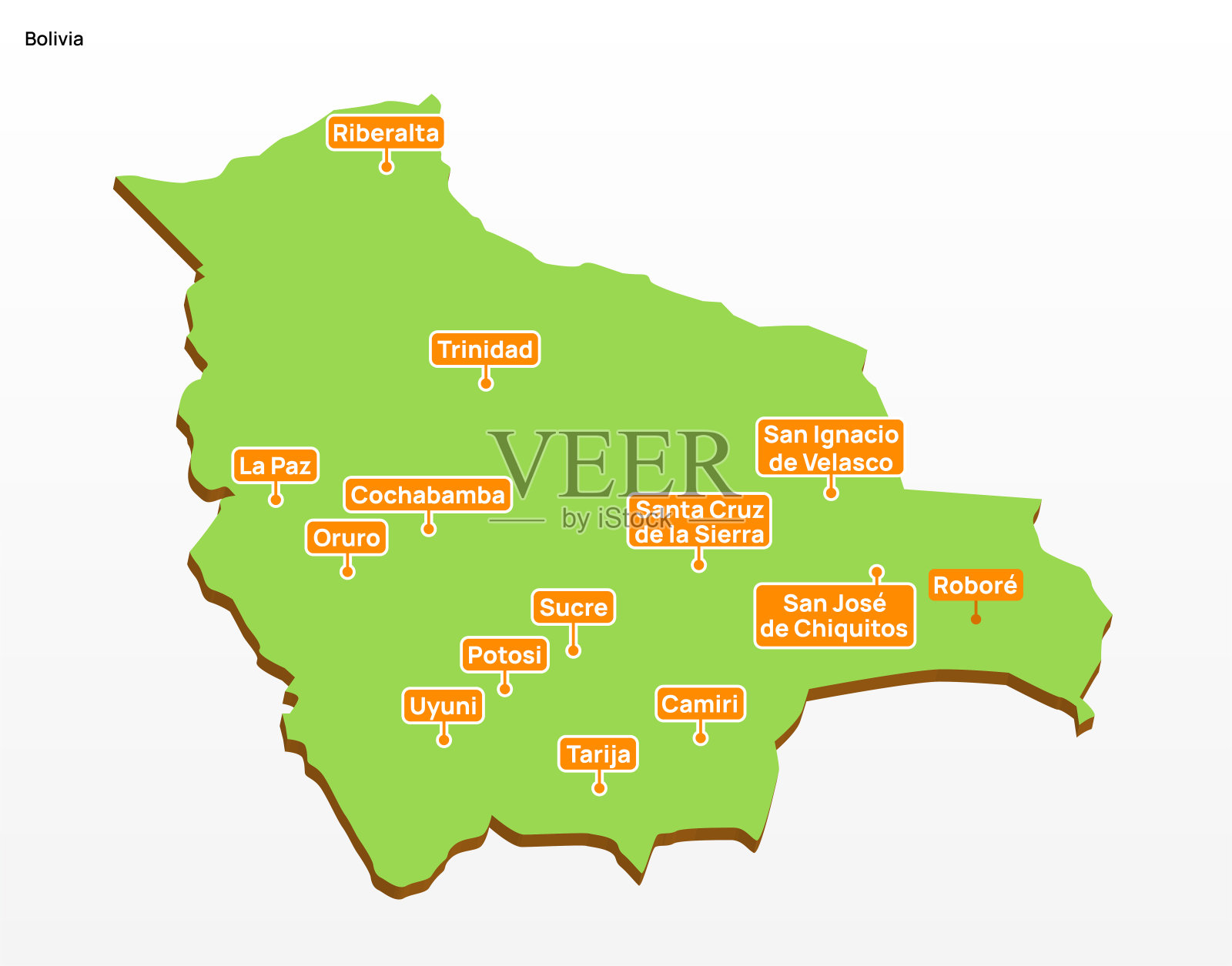 向量说明了玻利维亚与城市的三维地理地图插画图片素材