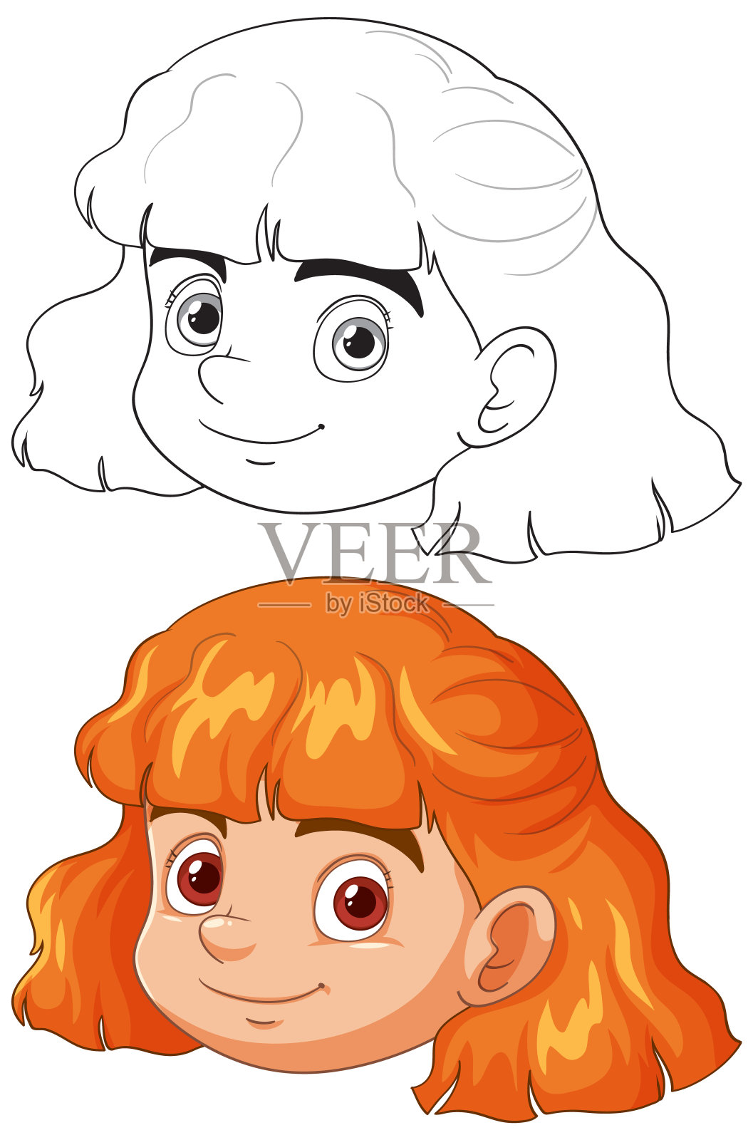 一个微笑的女孩的彩色和轮廓版本插画图片素材