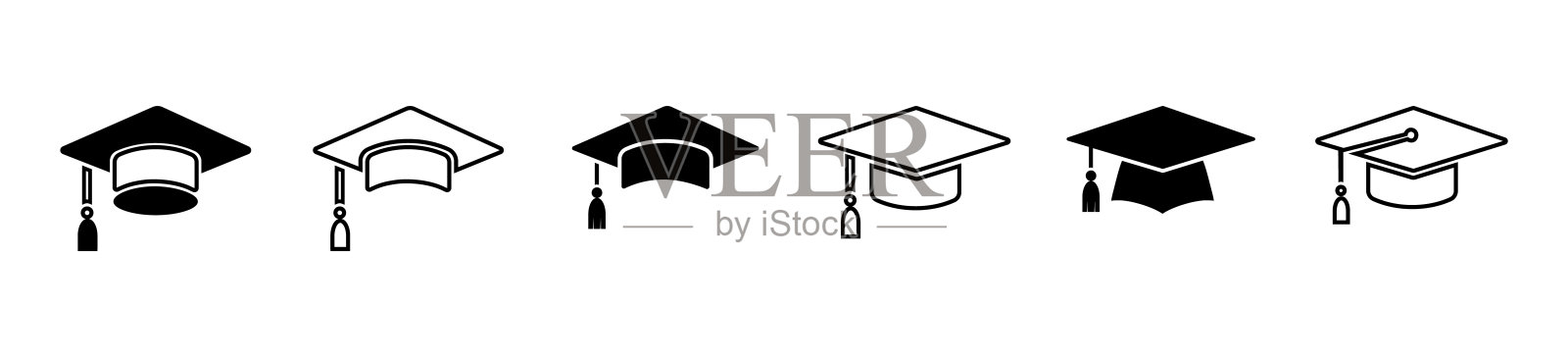 毕业帽帽图标收藏。学术帽矢量图标。学生帽子简单的黑色图标。毕业和教育的象征。插画图片素材