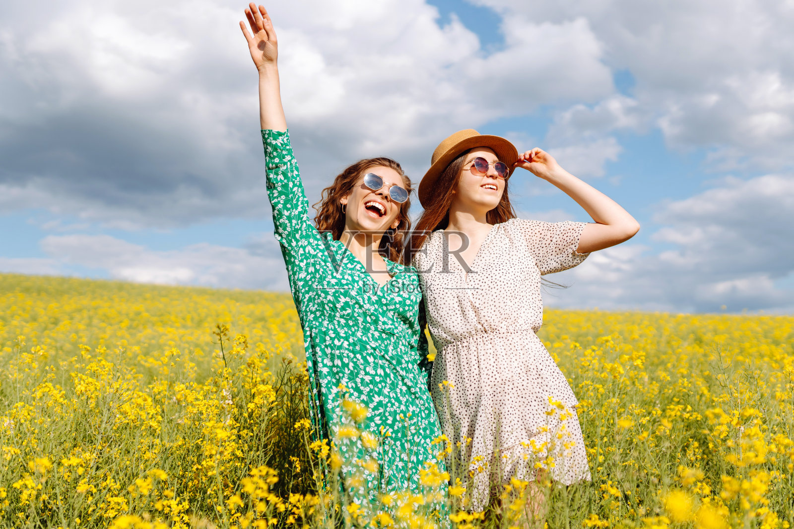 两个美丽的女人在盛开的田野里的惊人肖像。照片摄影图片