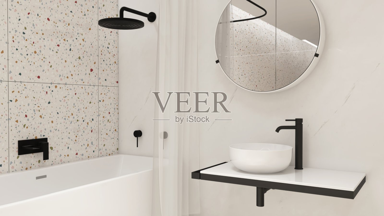 现代，豪华的浴室配有梳妆台，白色脸盆，圆形镜子，淋浴帘隔断浴缸，彩色水磨石墙照片摄影图片