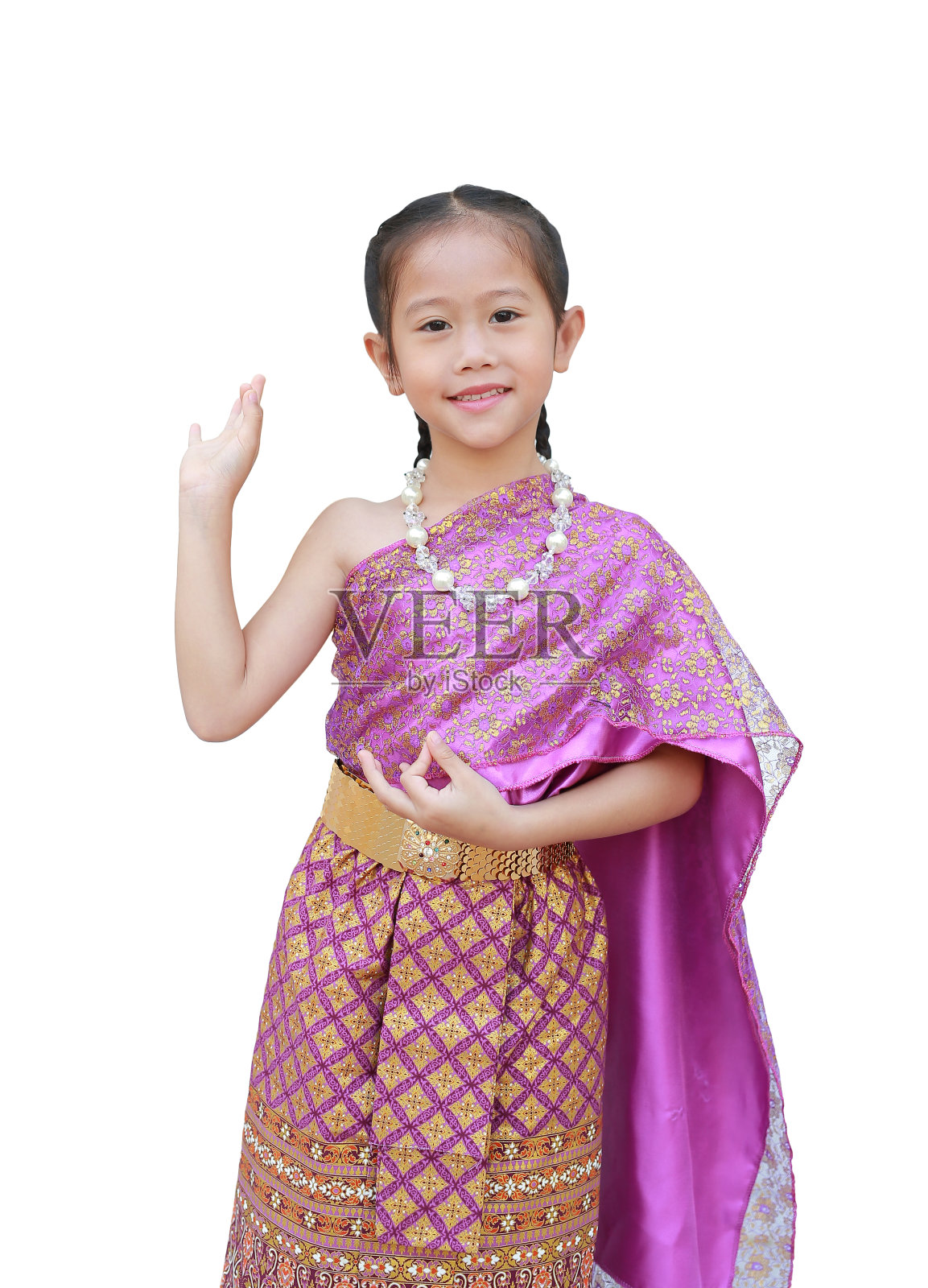 美丽的亚洲女孩穿着传统的泰国服装在泰国文化节上跳舞，孤立在白色的背景上。照片摄影图片