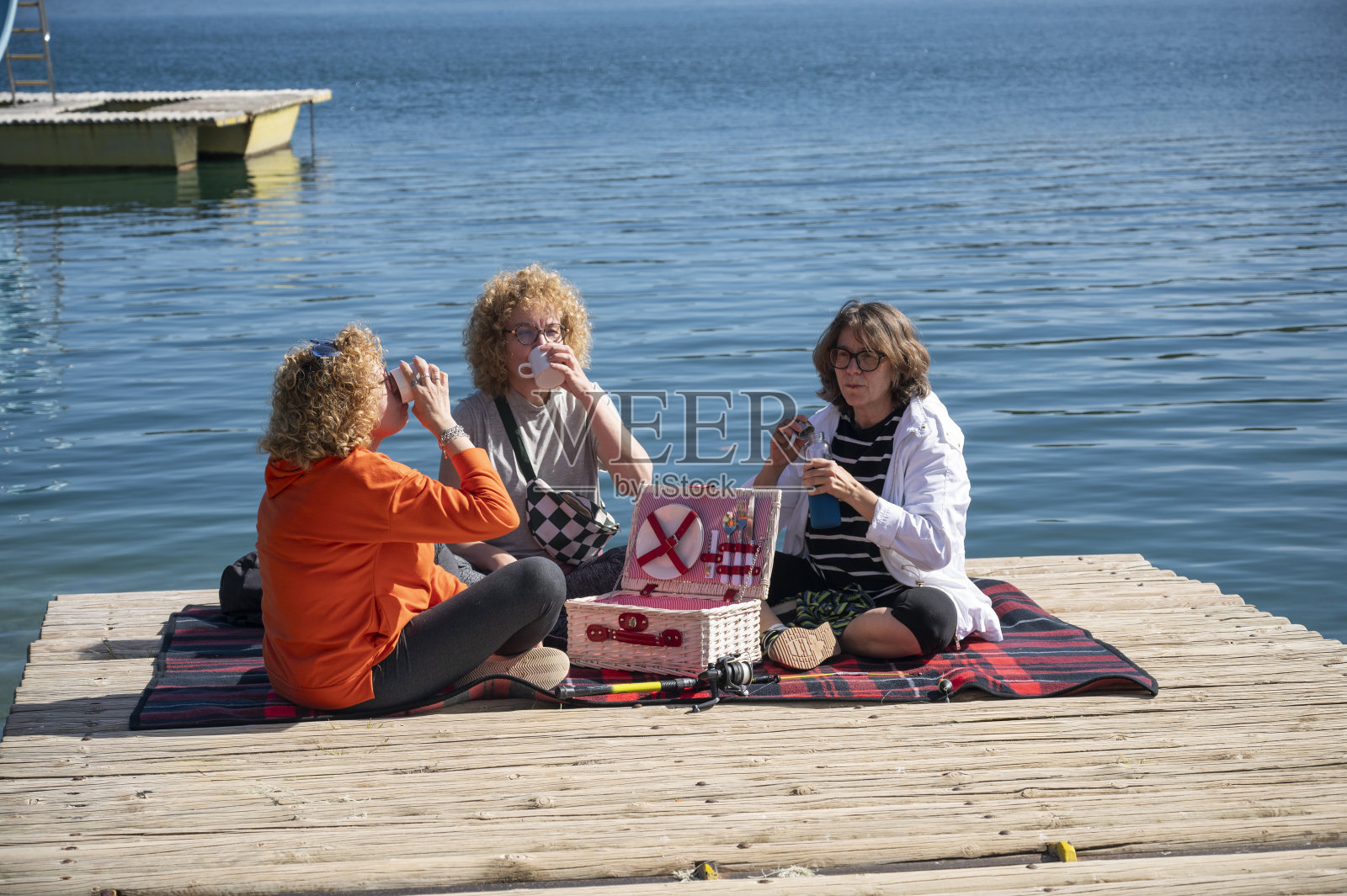 阳光明媚的一天，中年姐妹在大自然中野餐照片摄影图片