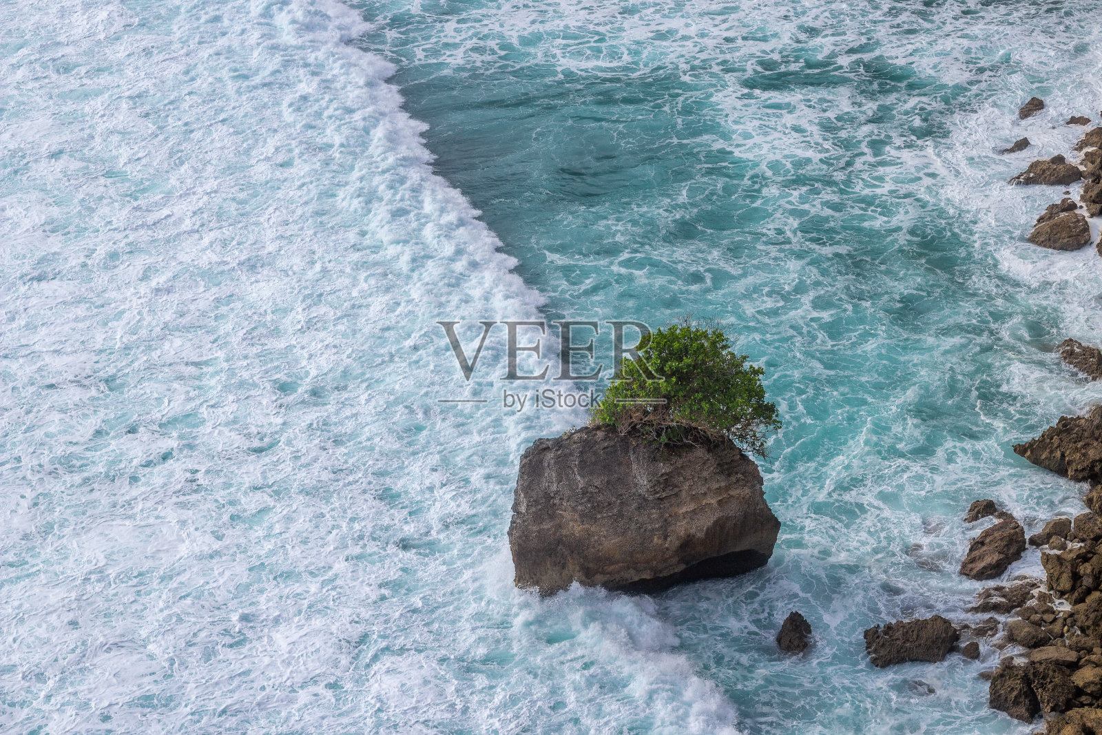 鸟瞰海浪和岩石上的树。蓝水背景照片摄影图片
