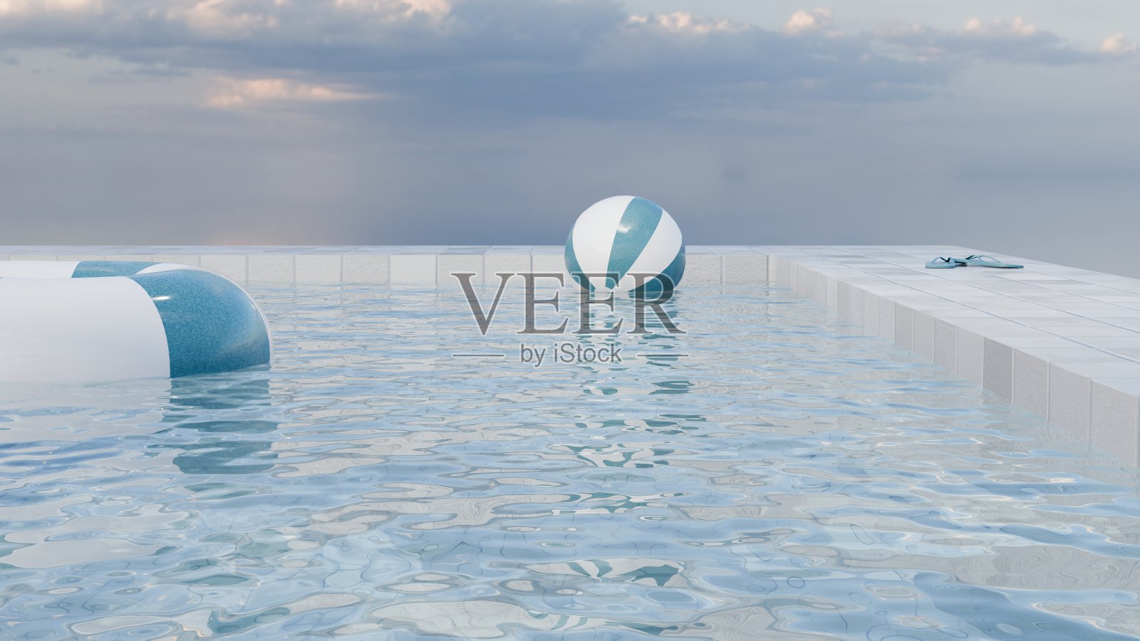 漂浮的沙滩球和接近游泳池的云的3d渲染照片摄影图片