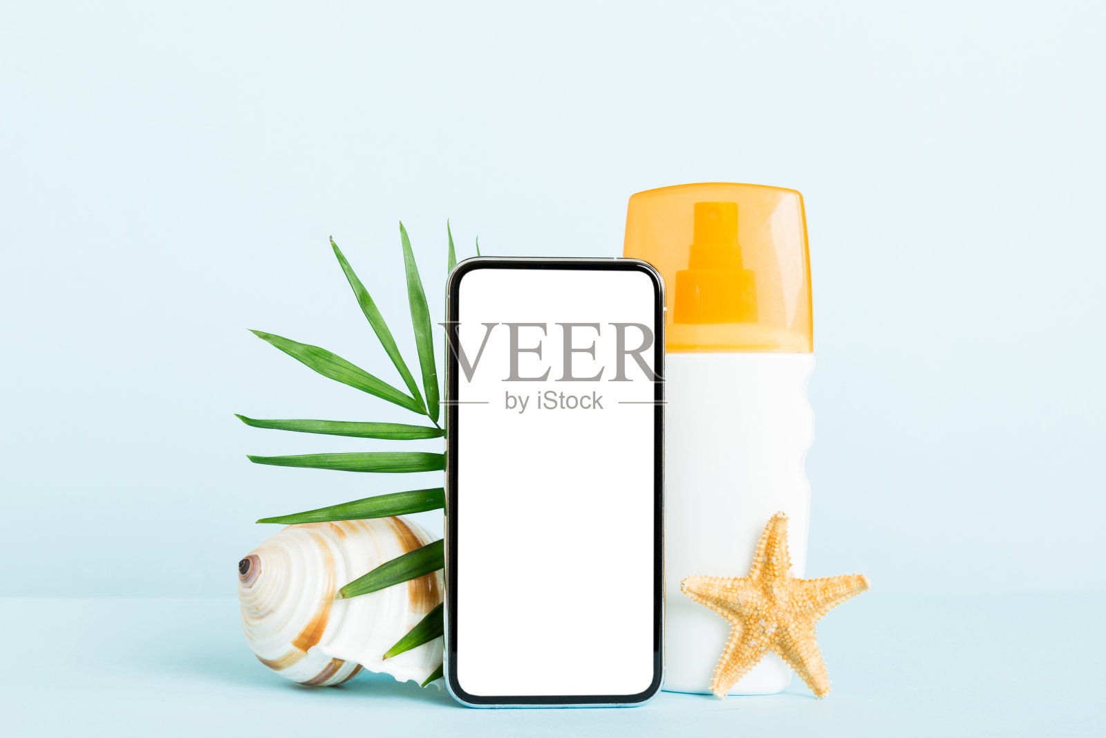 智能手机模拟模板与夏季的对象。具有文本复制空间的透视图照片摄影图片