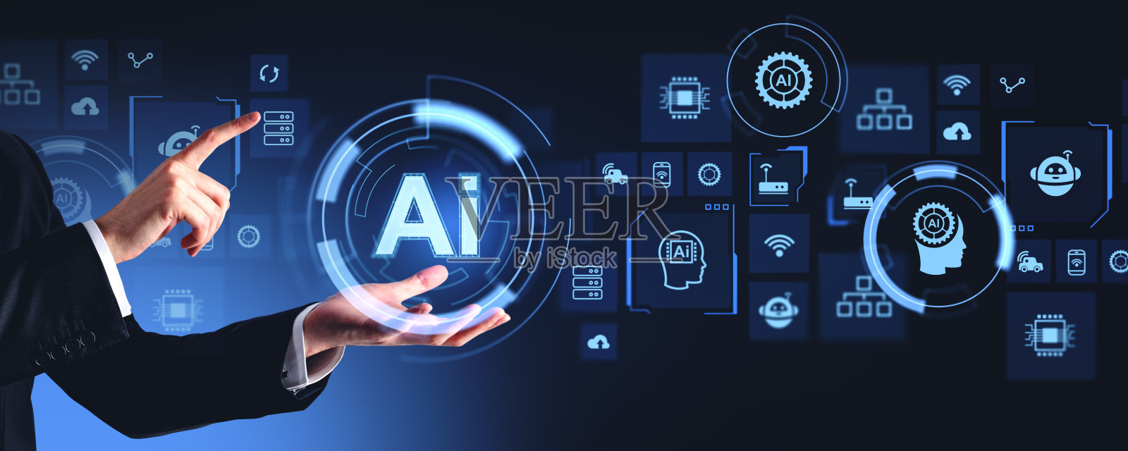 人的手使用AI HUD界面与齿轮和物联网照片摄影图片