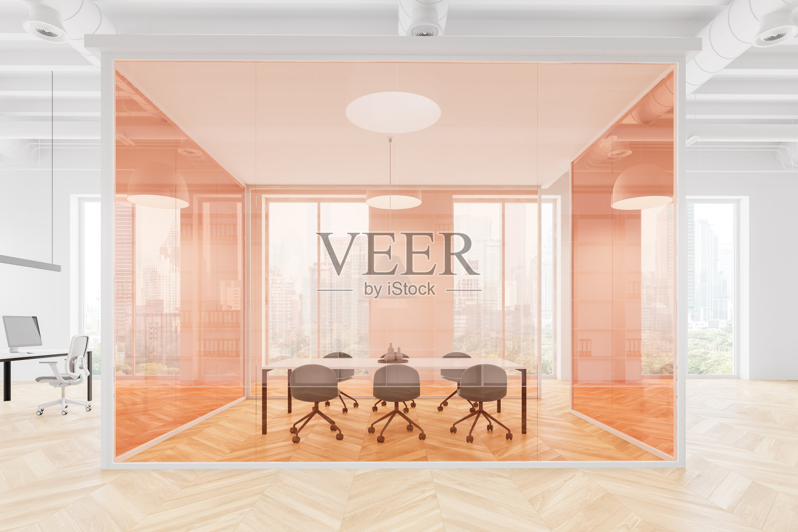 商务室内配有彩色玻璃会议室和联合办公区，窗户照片摄影图片