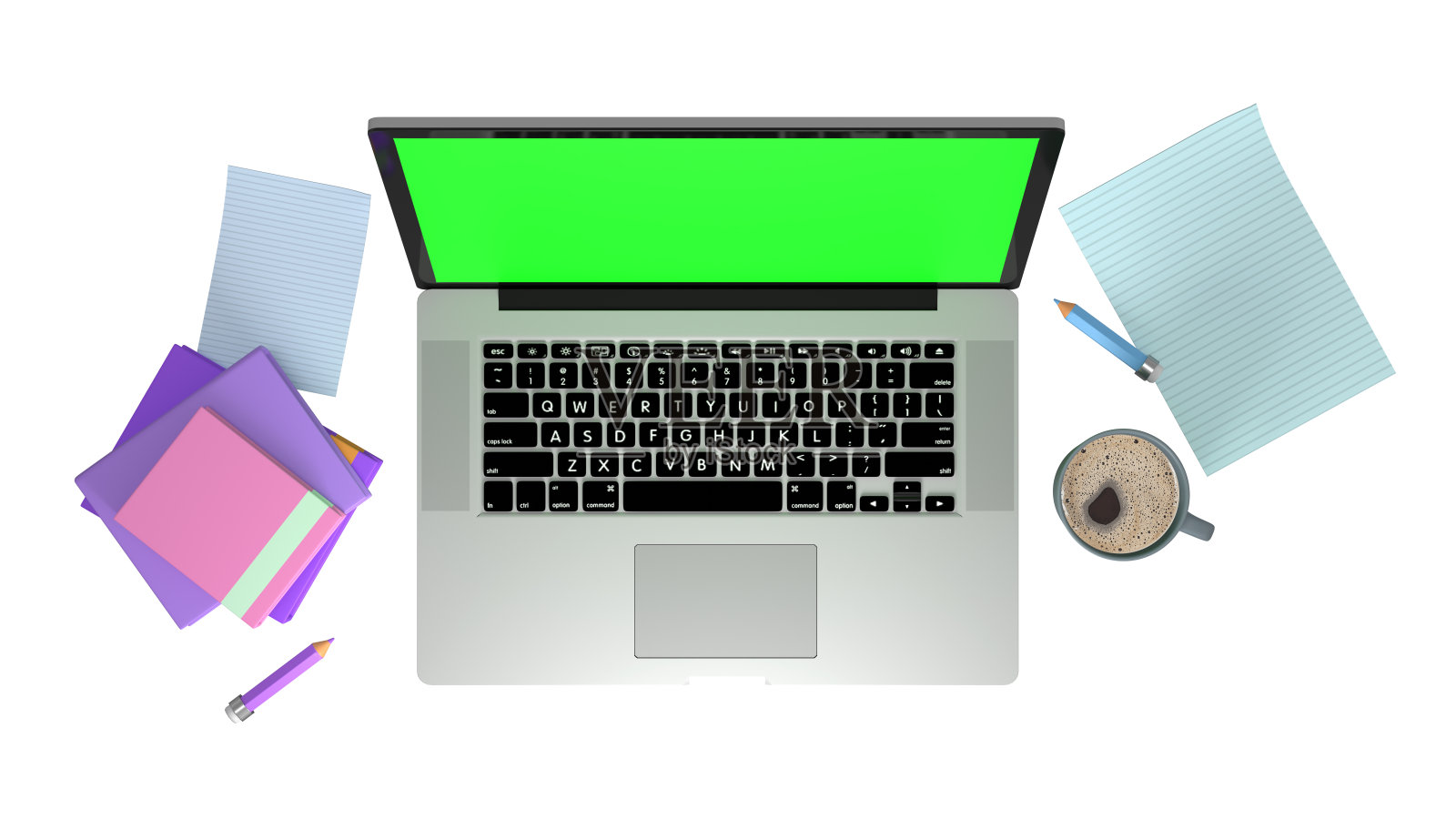 当笔记本、咖啡、茶、书和快乐的工作时，概念在家工作。最小的现代工作空间与笔记本电脑。在家工作的概念。3 d renderin照片摄影图片