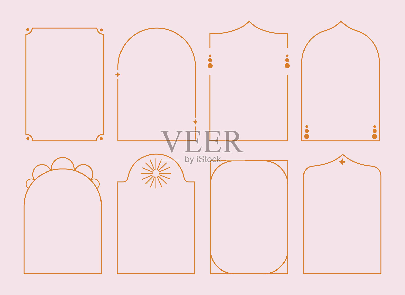 波西米亚神秘拱门框架集。最小的线条风格。标识字体轮廓边框。设计元素星星和太阳。插画图片素材