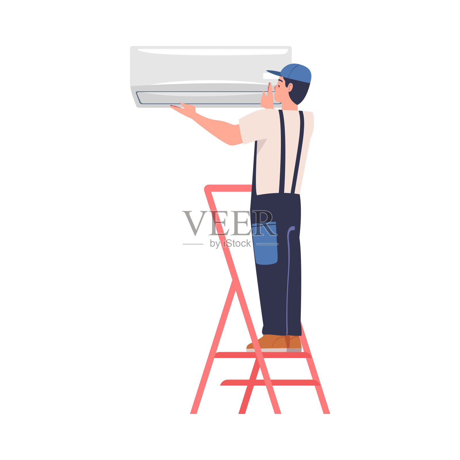 梯子上的人物在墙上安装空调矢量插图插画图片素材