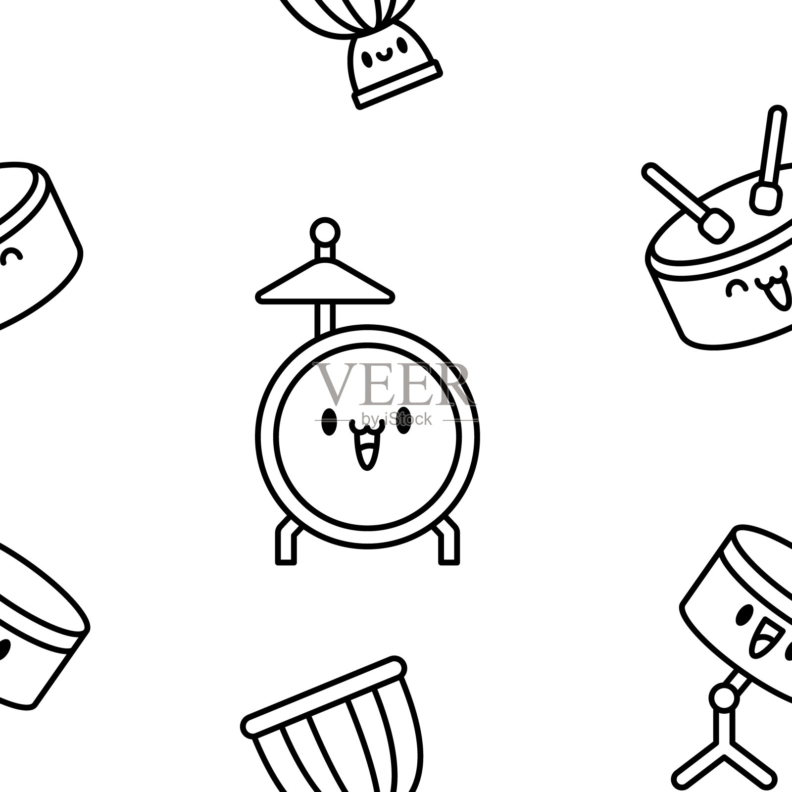 可爱的乐器和快乐的脸。无缝模式。着色页面。卡哇伊卡通人物。有趣的音乐。手绘风格。矢量图。设计的饰品。插画图片素材