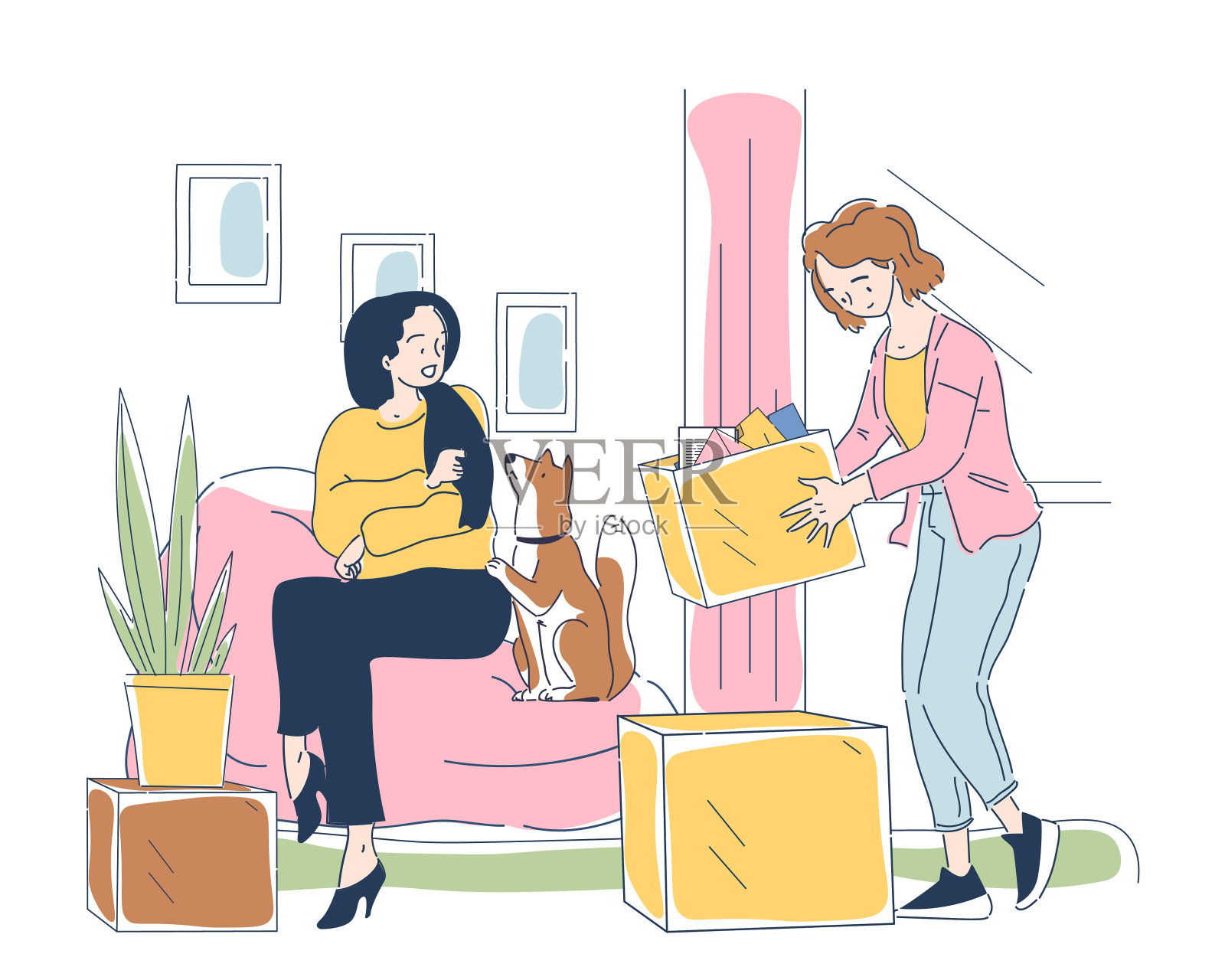 打包家里的东西。女人用纸板箱收集东西。一家人准备搬家。移民和搬迁。运输物品。线性向量图解插画图片素材