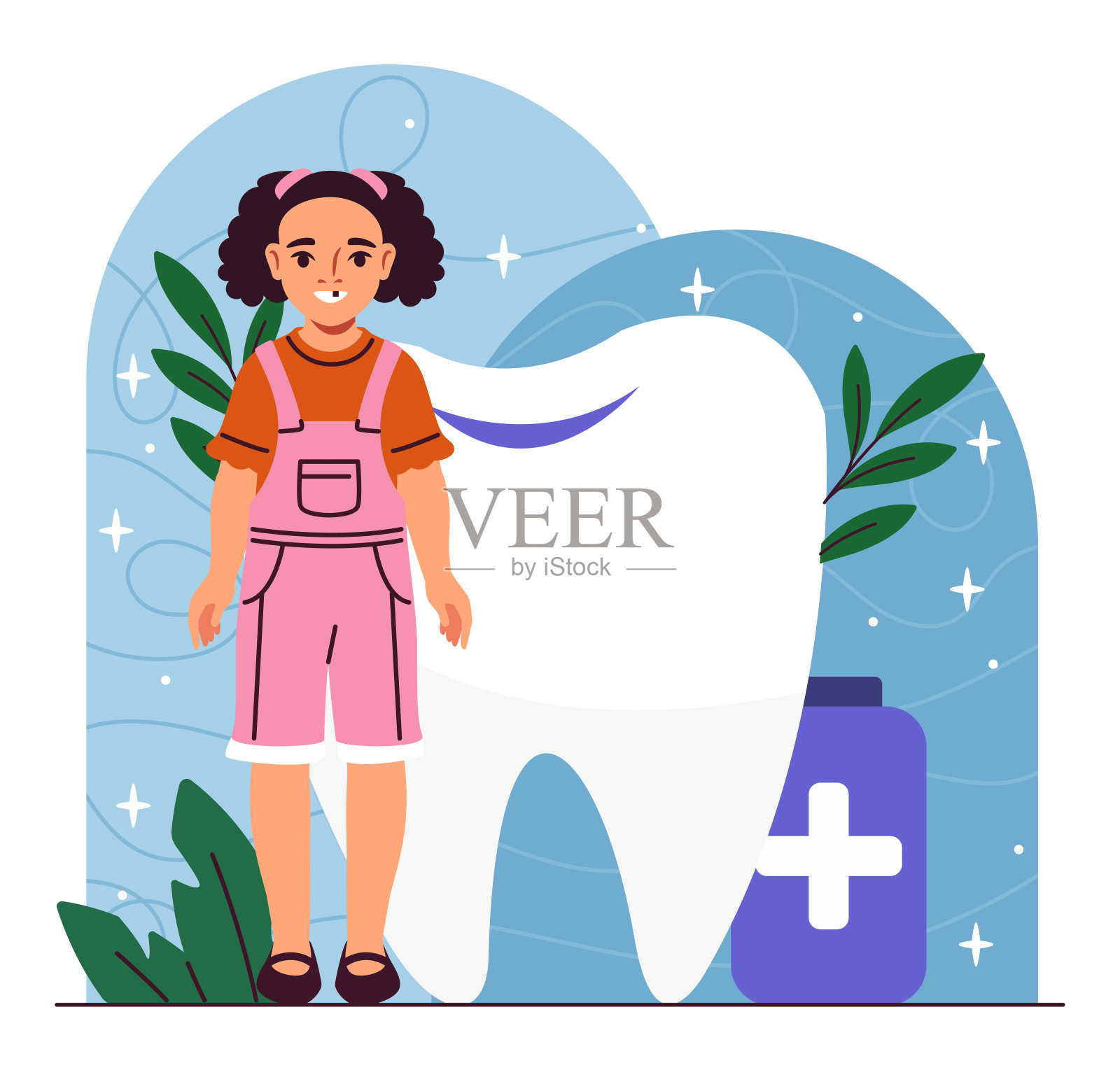 女孩掉了一颗牙。孩子站在牙齿和牙膏旁边。牙科和口腔科。牙齿和口腔健康与卫生。带着微笑的孩子。平面矢量图插画图片素材