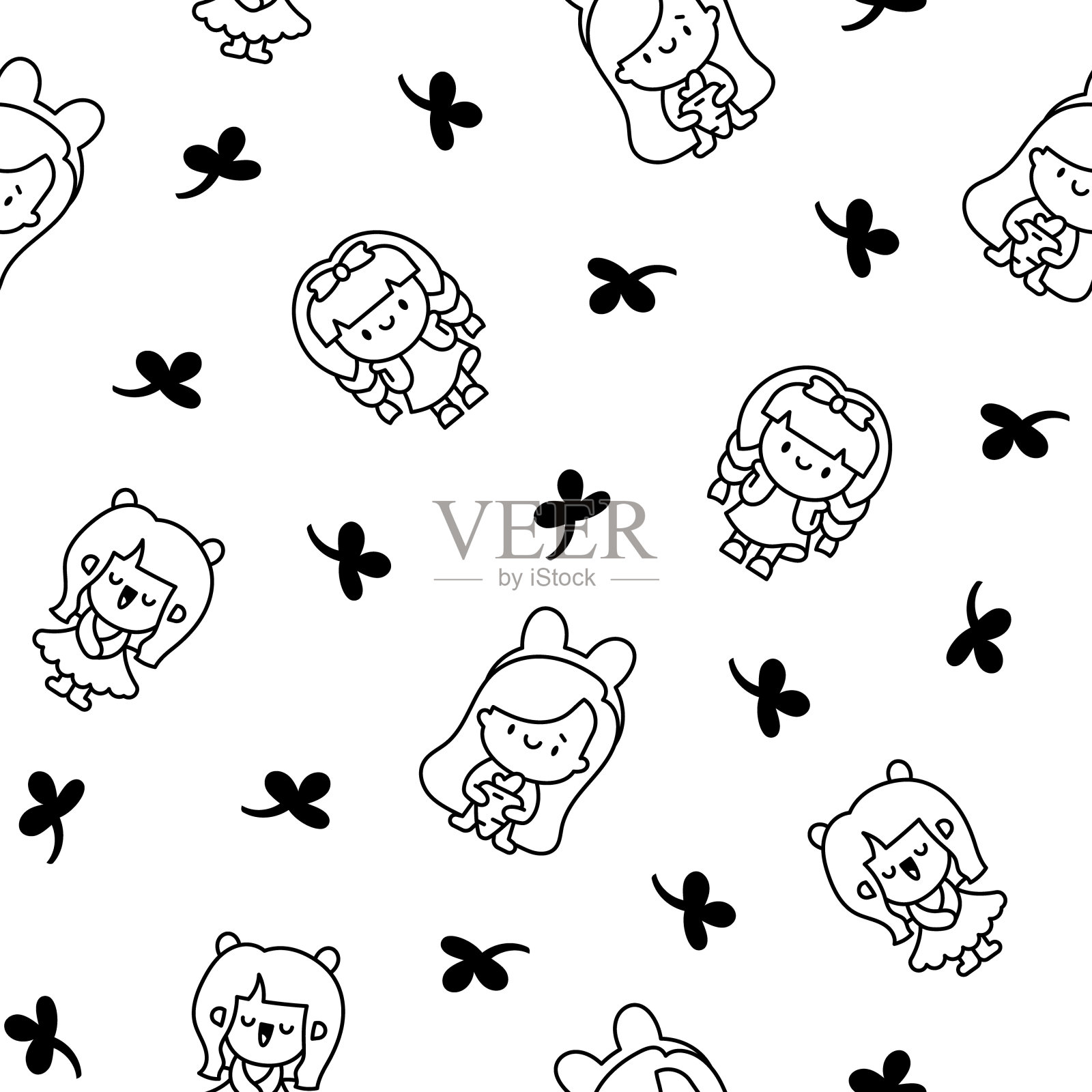 可爱可爱的小女孩。无缝模式。着色页面。快乐的孩子卡通人物。手绘风格。矢量图。设计的饰品。插画图片素材