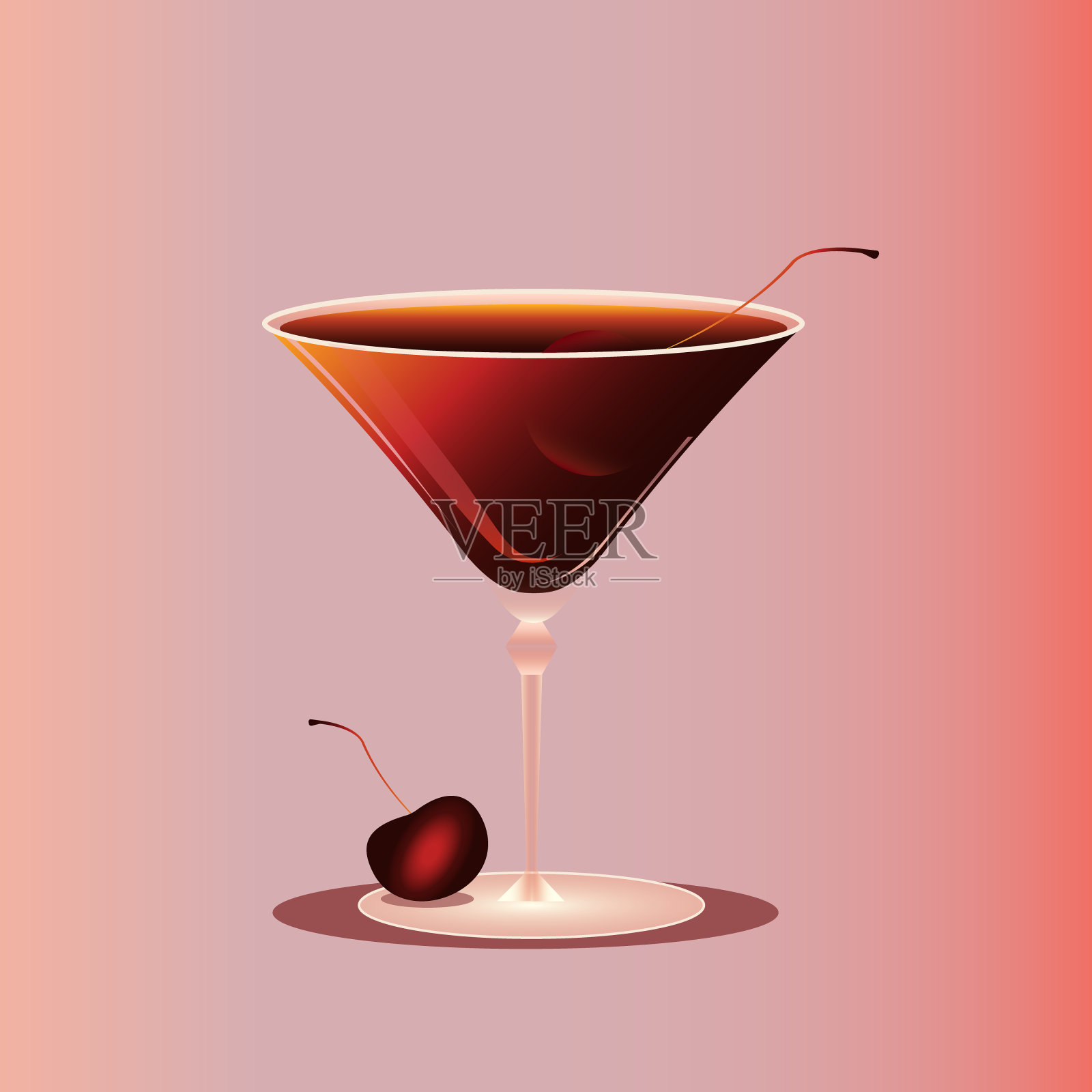 曼哈顿鸡尾酒装饰樱桃对粉红色渐变背景与额外的樱桃装饰。矢量插图。创意设计。插画图片素材