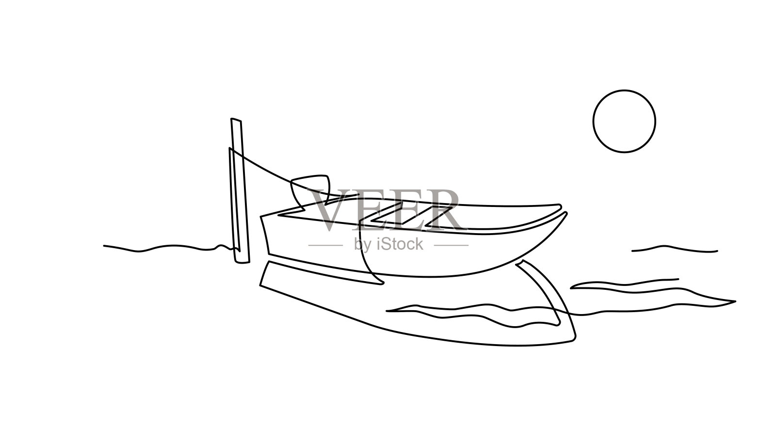 渔船和船只在岸边的码头上。连续线条绘制。说明,向量插画图片素材