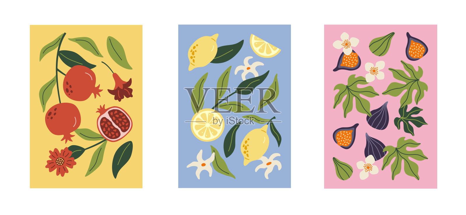 当代艺术抽象版画收藏。夏天手绘水果。石榴，柠檬和无花果。现代设计的海报，卡片，印刷品。插画图片素材