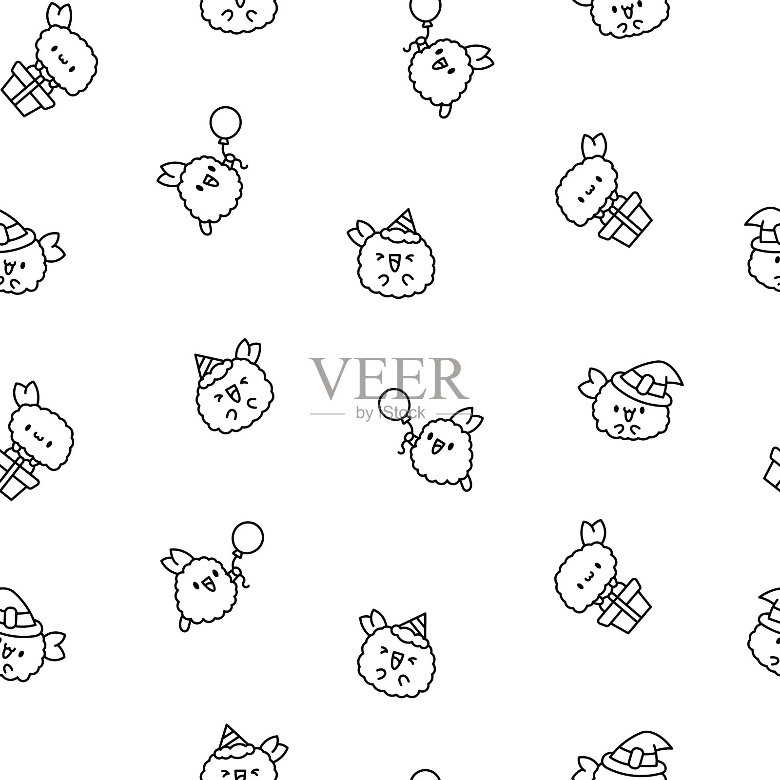 可爱快乐的卡哇伊天妇罗虾。无缝模式。着色页面。有趣的卡通食物人物。手绘风格。矢量图。设计的饰品。插画图片素材