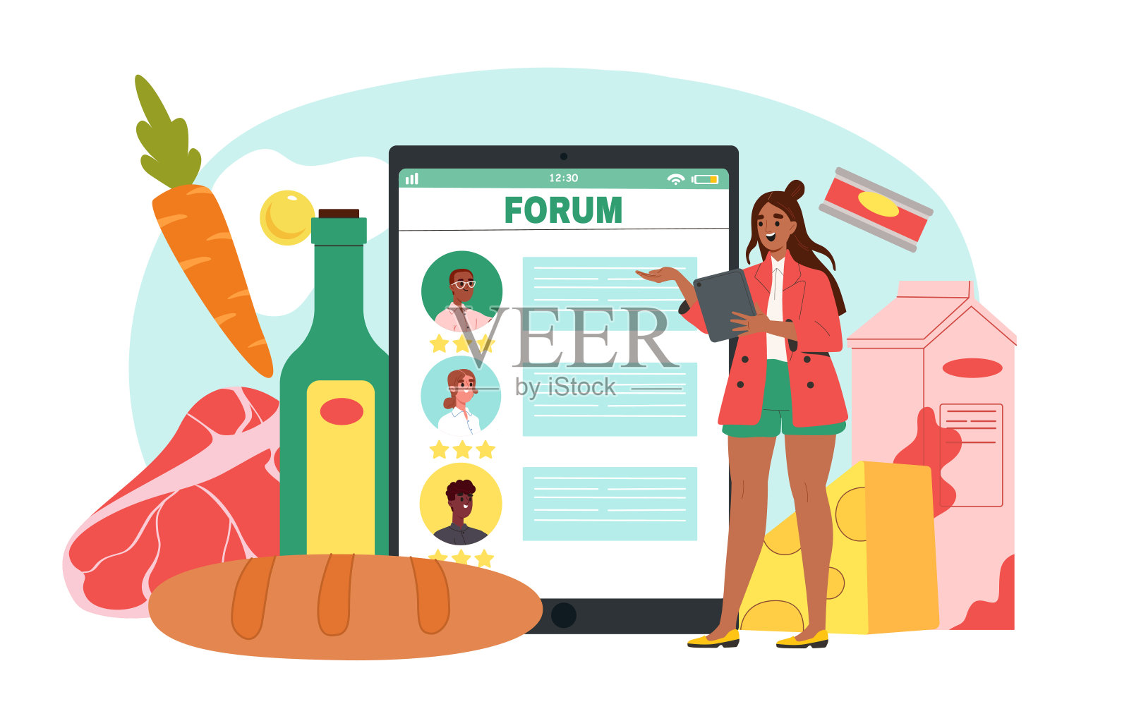 女孩阅读饮食论坛。女士站在带有信息和天然有机产品的平板电脑旁。健康的生活方式和适当的饮食，营养。平面矢量图插画图片素材