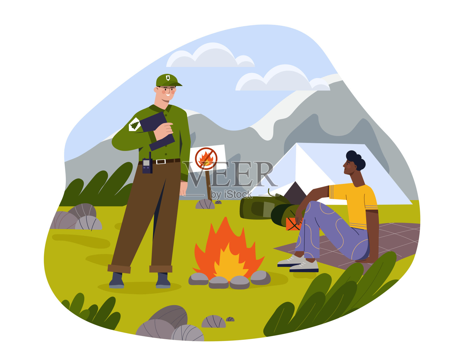 向营地开火。童子军警告不要非法篝火。爱护自然，预防火灾。报警和事故，紧急情况。平面矢量图插画图片素材