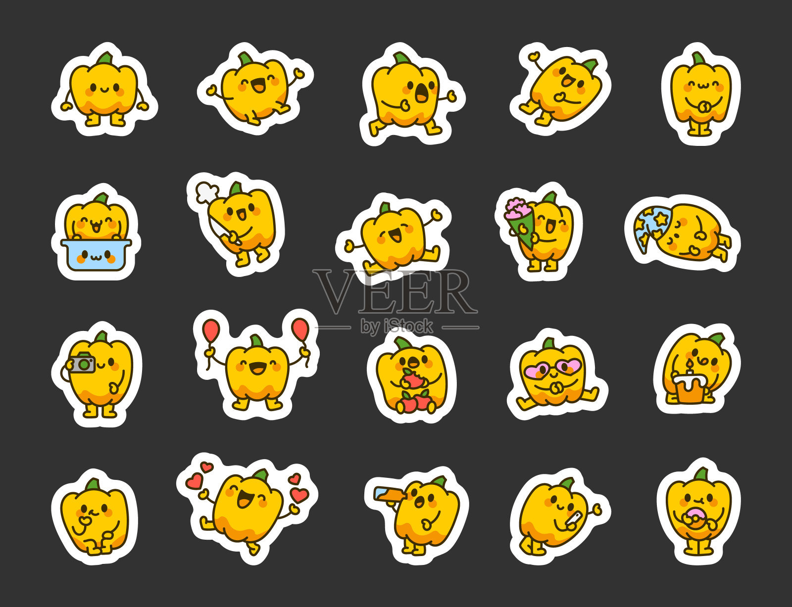 甜椒角色。贴纸书签。有趣的卡通食品。手绘风格。矢量图。设计元素的集合。插画图片素材