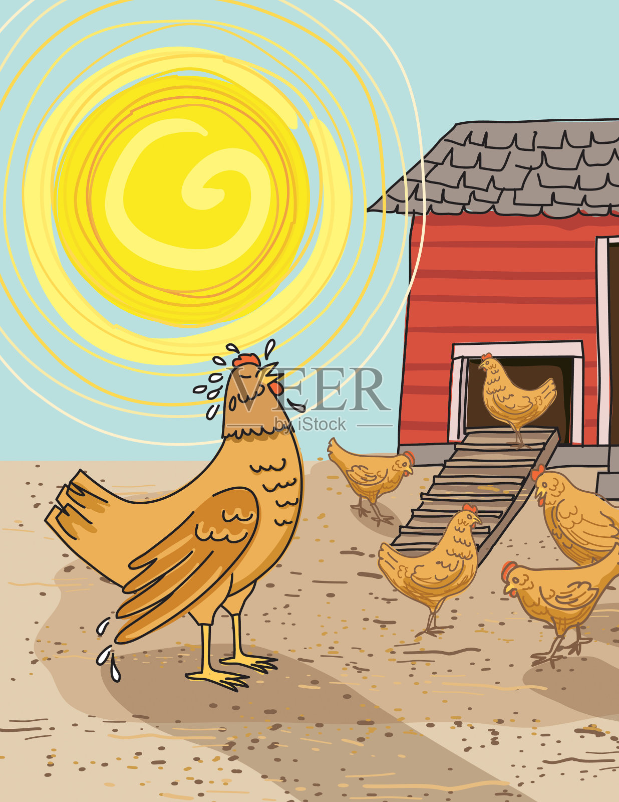 鸡场里炎热的小鸡插画图片素材