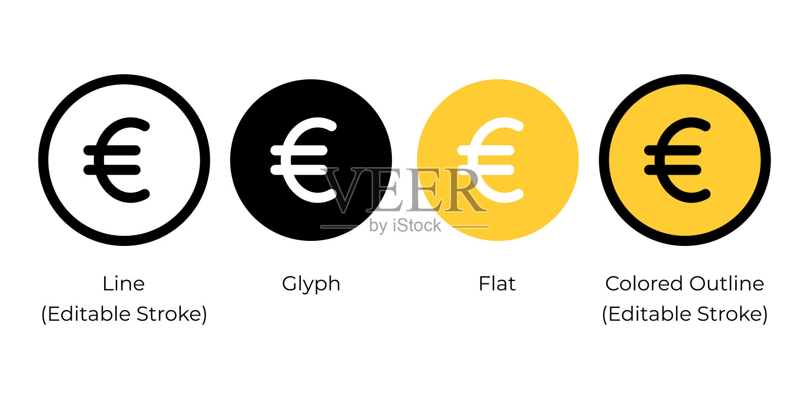 欧洲欧元货币符号，欧元符号矢量图标集孤立的白色背景。插画图片素材