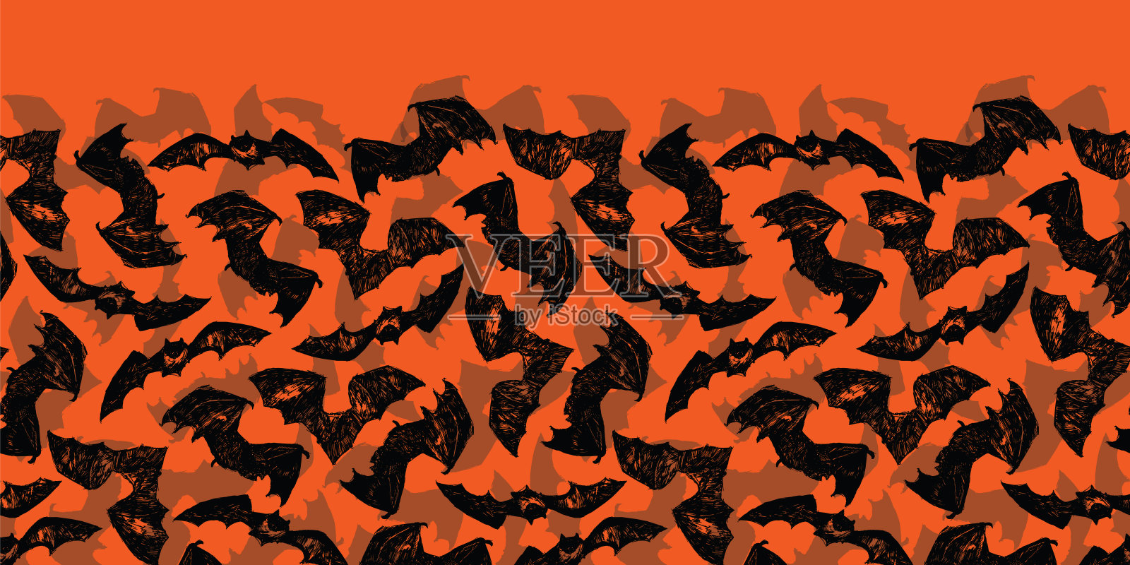 矢量手绘橙色万圣节蝙蝠水平边界图案。适合邀请卡，万圣节派对海报或礼品包装。插画图片素材