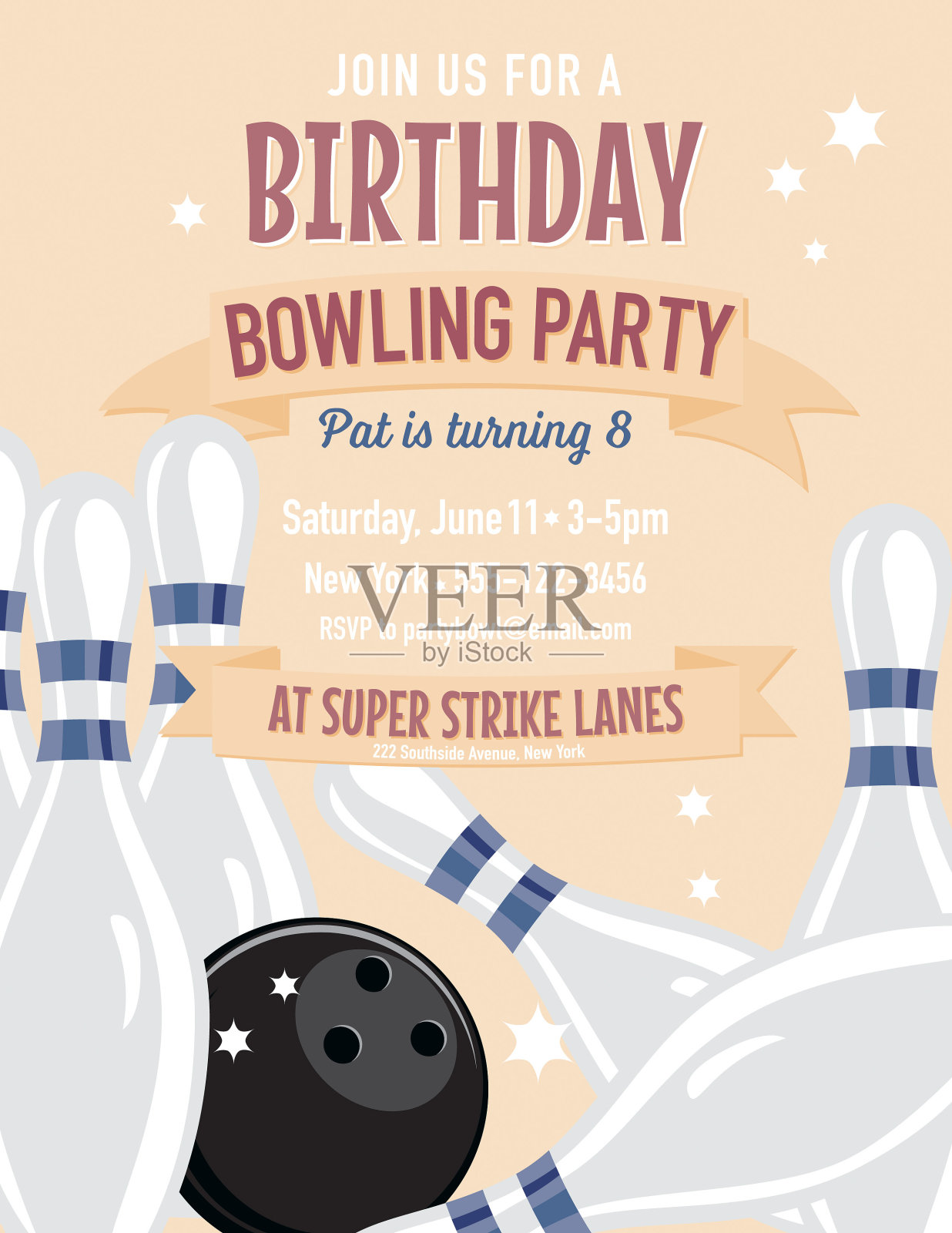 复古风格保龄球生日派对邀请模板插画图片素材