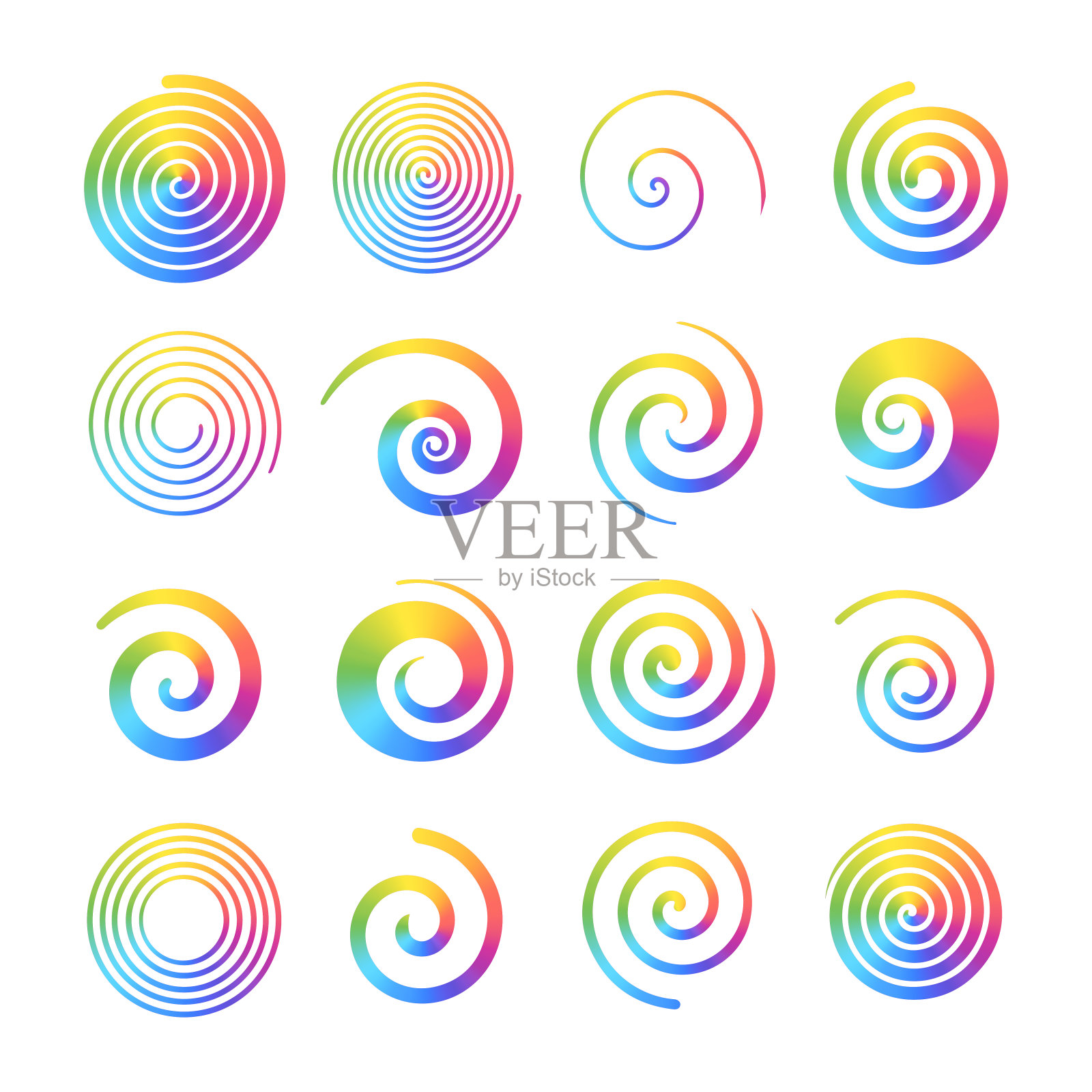 一套彩虹色螺旋。抽象的漩涡形状与明亮的多色梯度。扭圈。夏季设计元素。孤立的矢量图标插画图片素材
