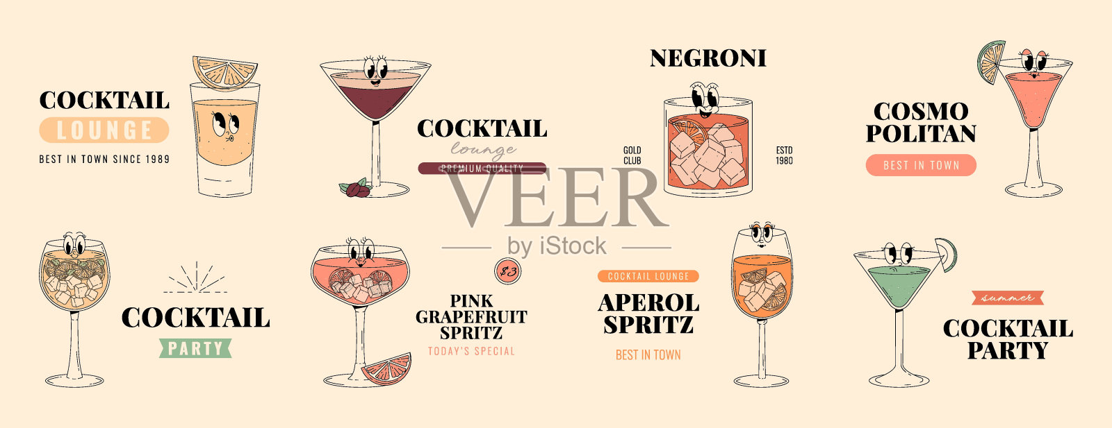 鸡尾酒和饮料角色，含酒精饮料的复古banner和标签。咖啡馆酒吧或鸡尾酒廊logo和标志系列。70、80年代复古矢量插画插画图片素材