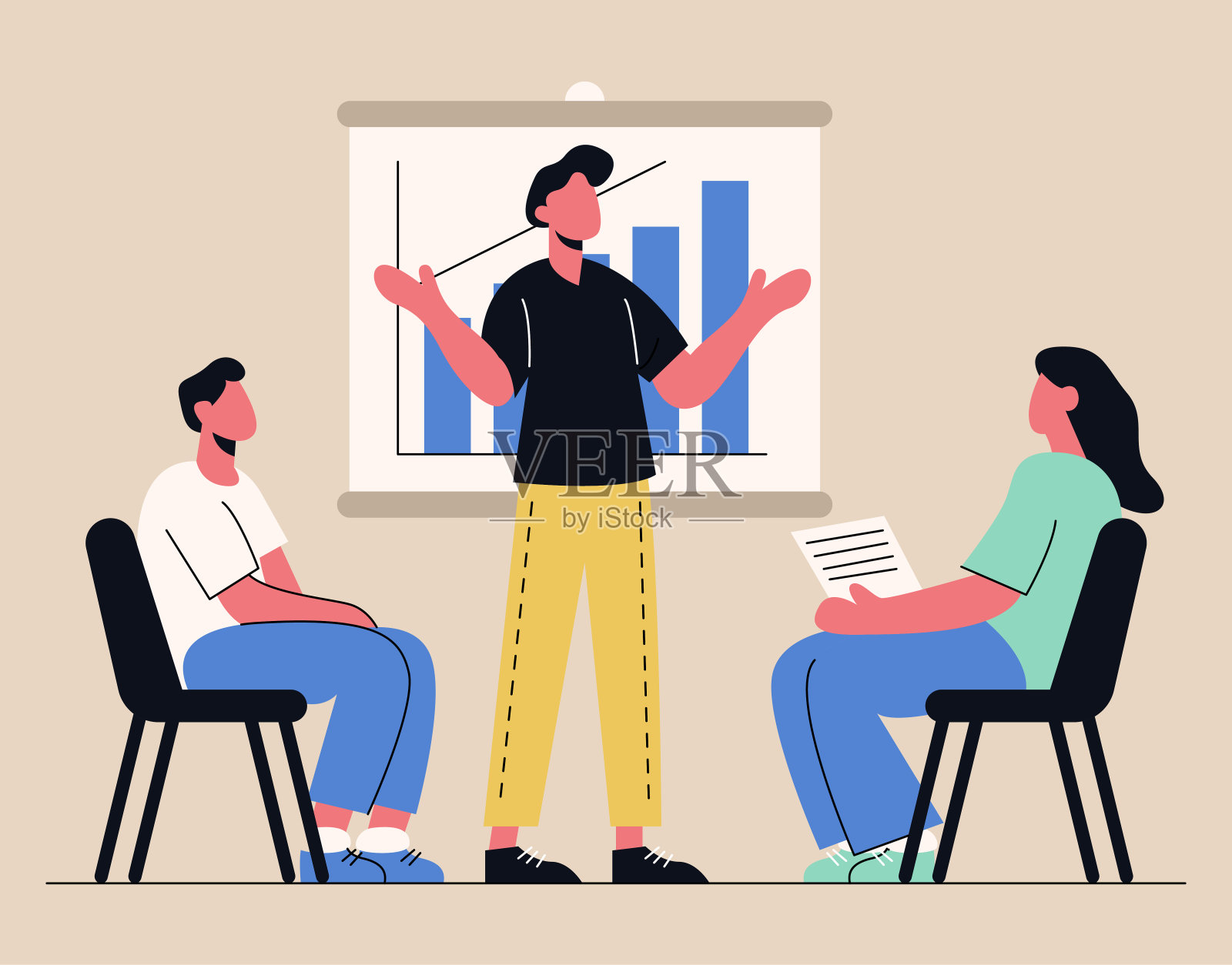 团队演示和数据分析平面插图:用图表吸引团队成员插画图片素材