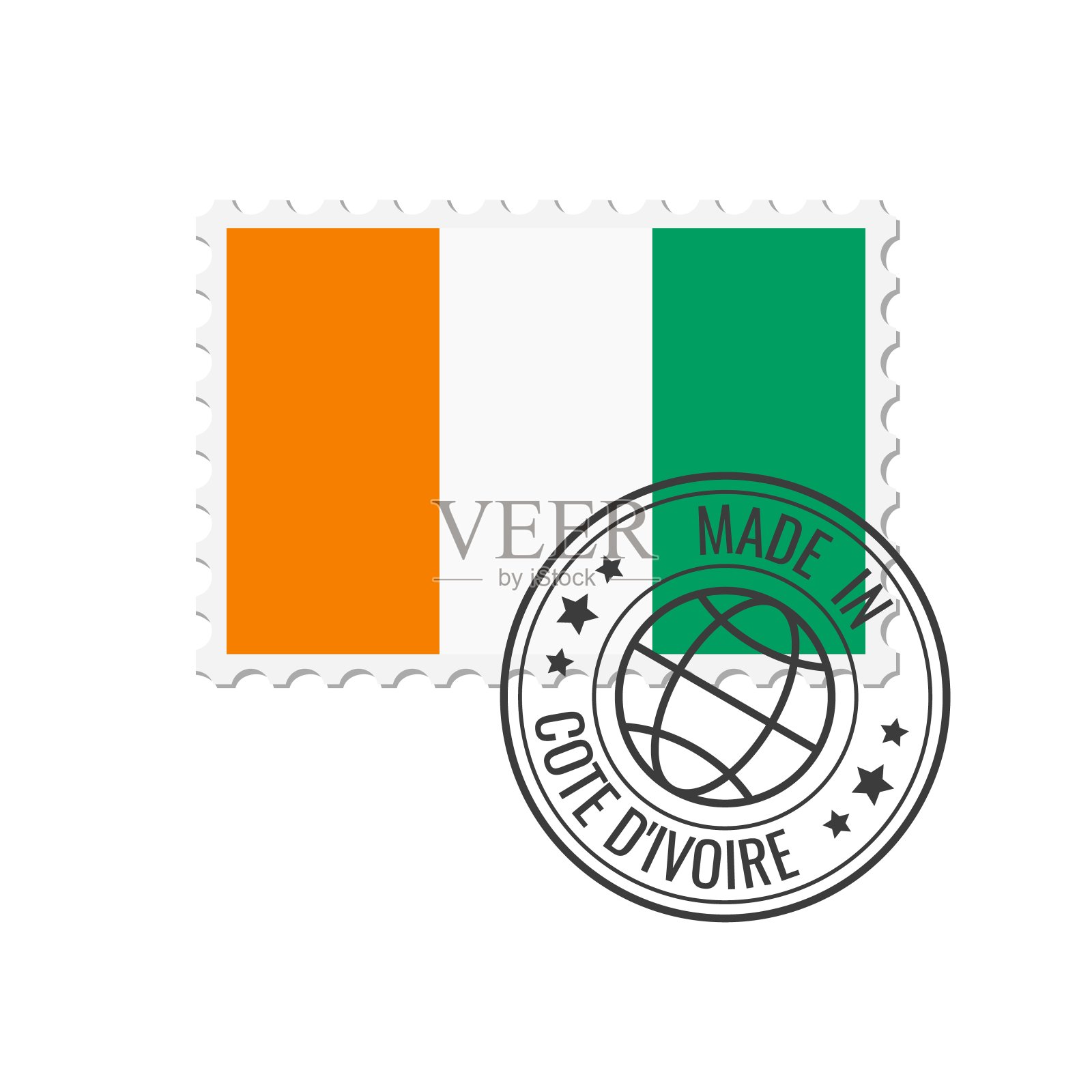 科特迪瓦制造徽章矢量。科特迪瓦国旗贴纸。白色背景上孤立的墨印。插画图片素材