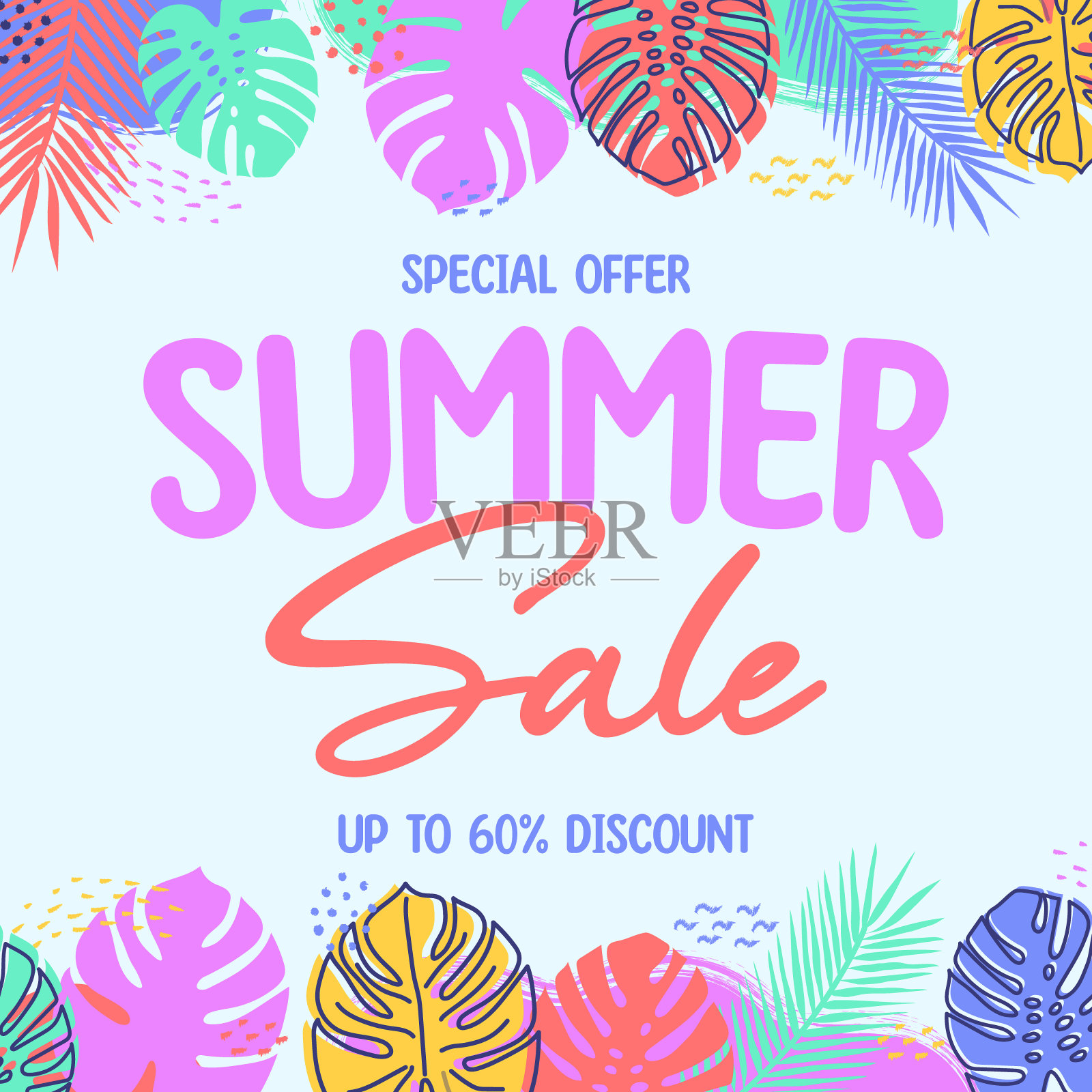 夏季销售背景与手绘怪物树叶。矢量图插画图片素材