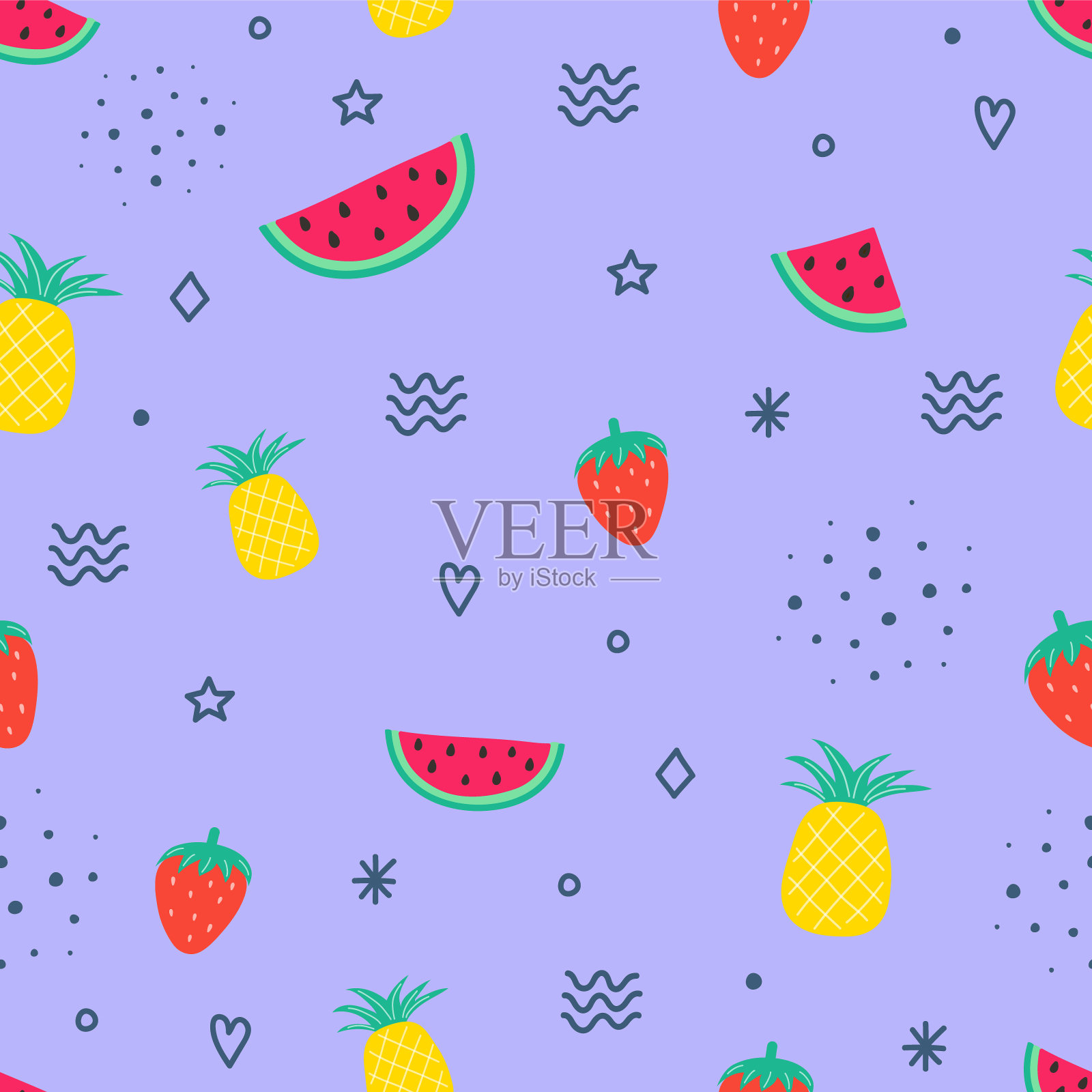 西瓜、菠萝、草莓的夏日完美搭配。矢量图插画图片素材