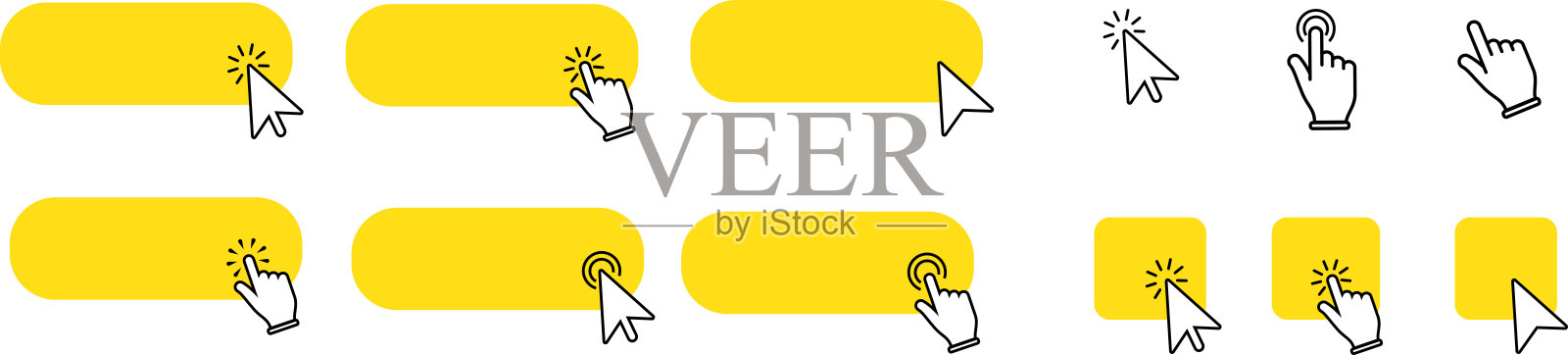 黄色按钮与点击手或箭头指针设置。点击这里矢量模板。插画图片素材