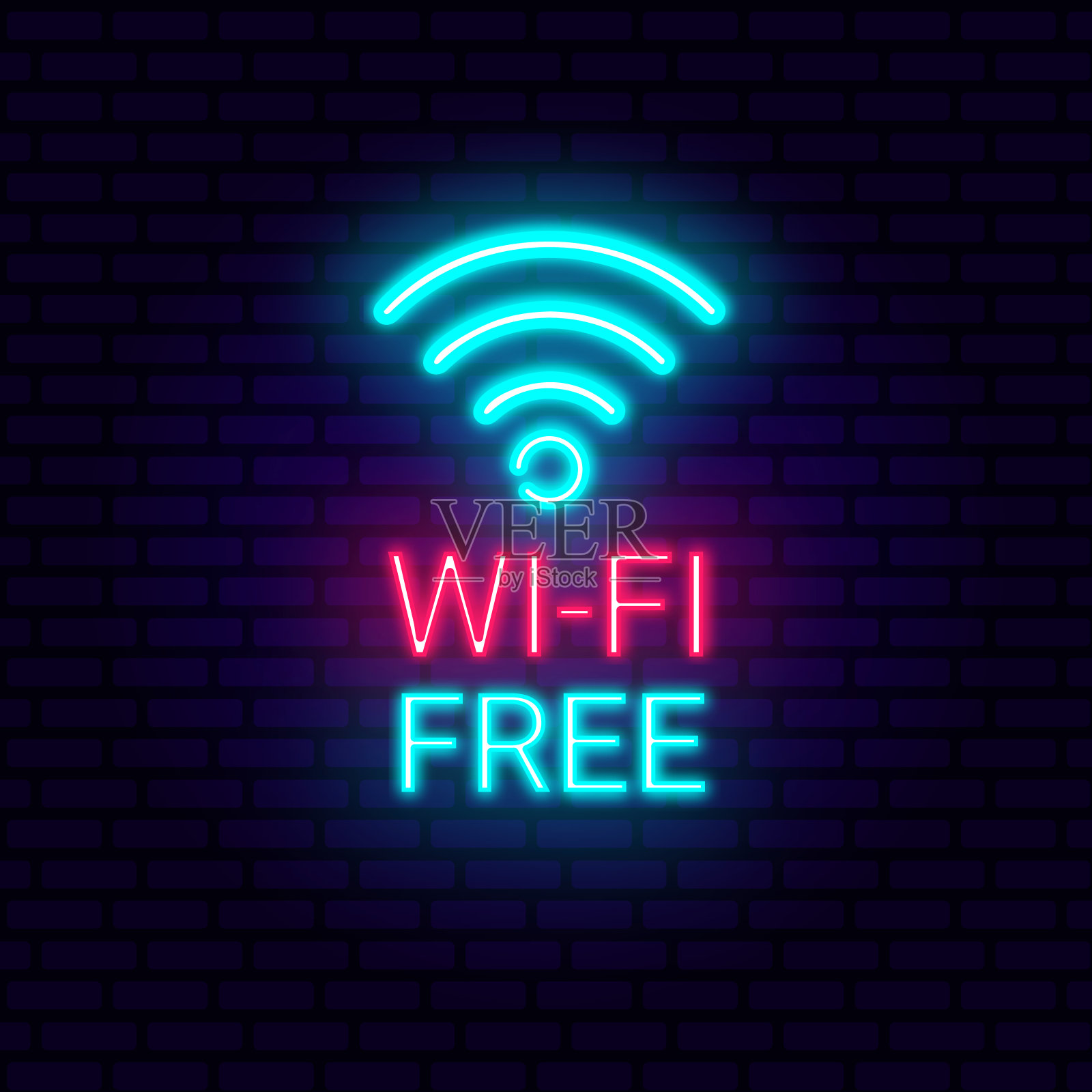 免费Wifi霓虹灯招牌，夜间亮广告，灯光铭文。矢量图插画图片素材
