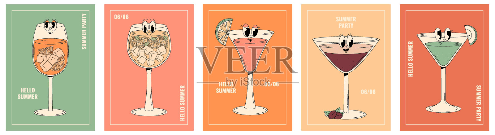时髦的鸡尾酒和饮料人物，复古海报，夏季问候和派对插画图片素材