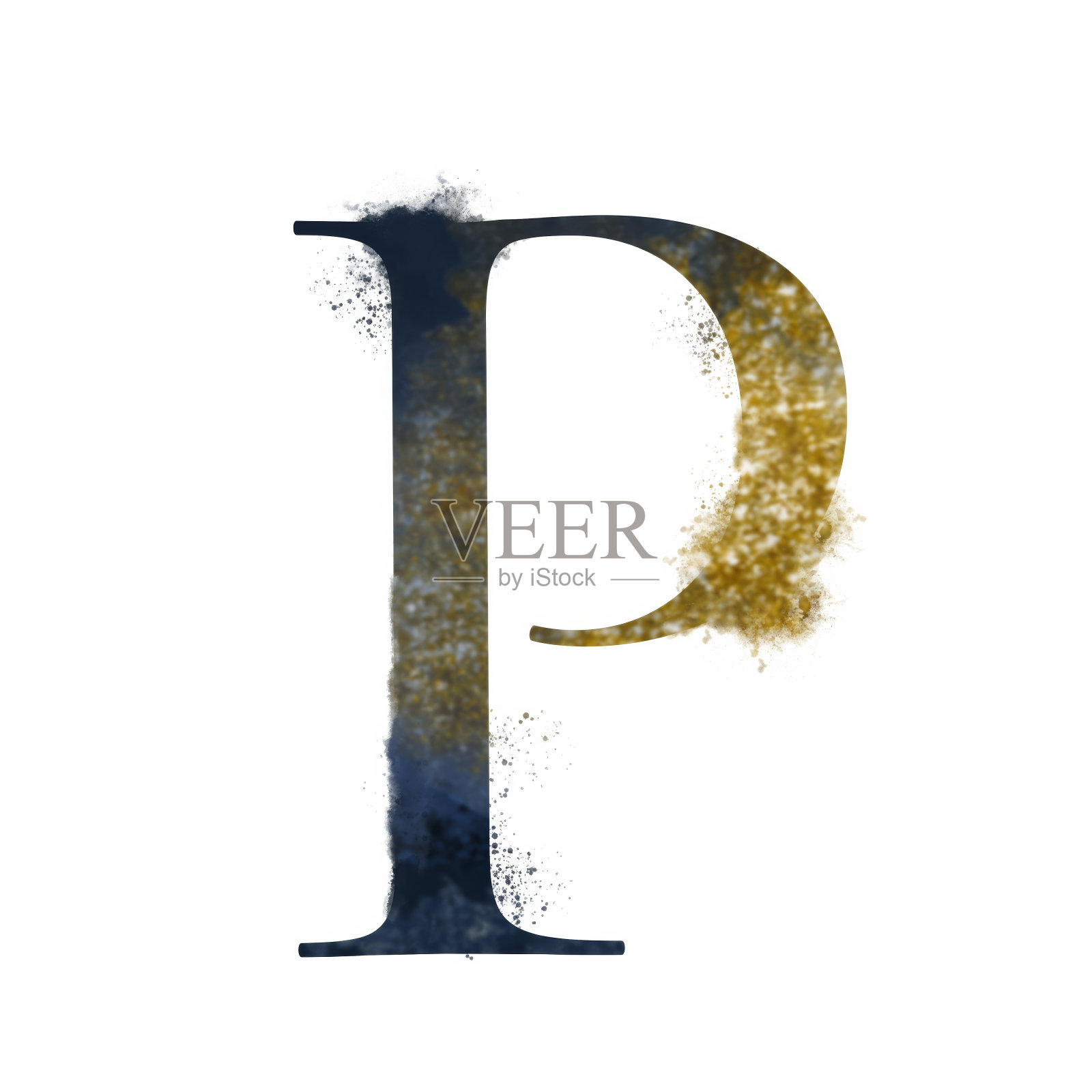 水彩纹理字母字母插图金色和蓝色海军蓝闪闪发光海洋主题婚礼邀请生日贺卡插画图片素材