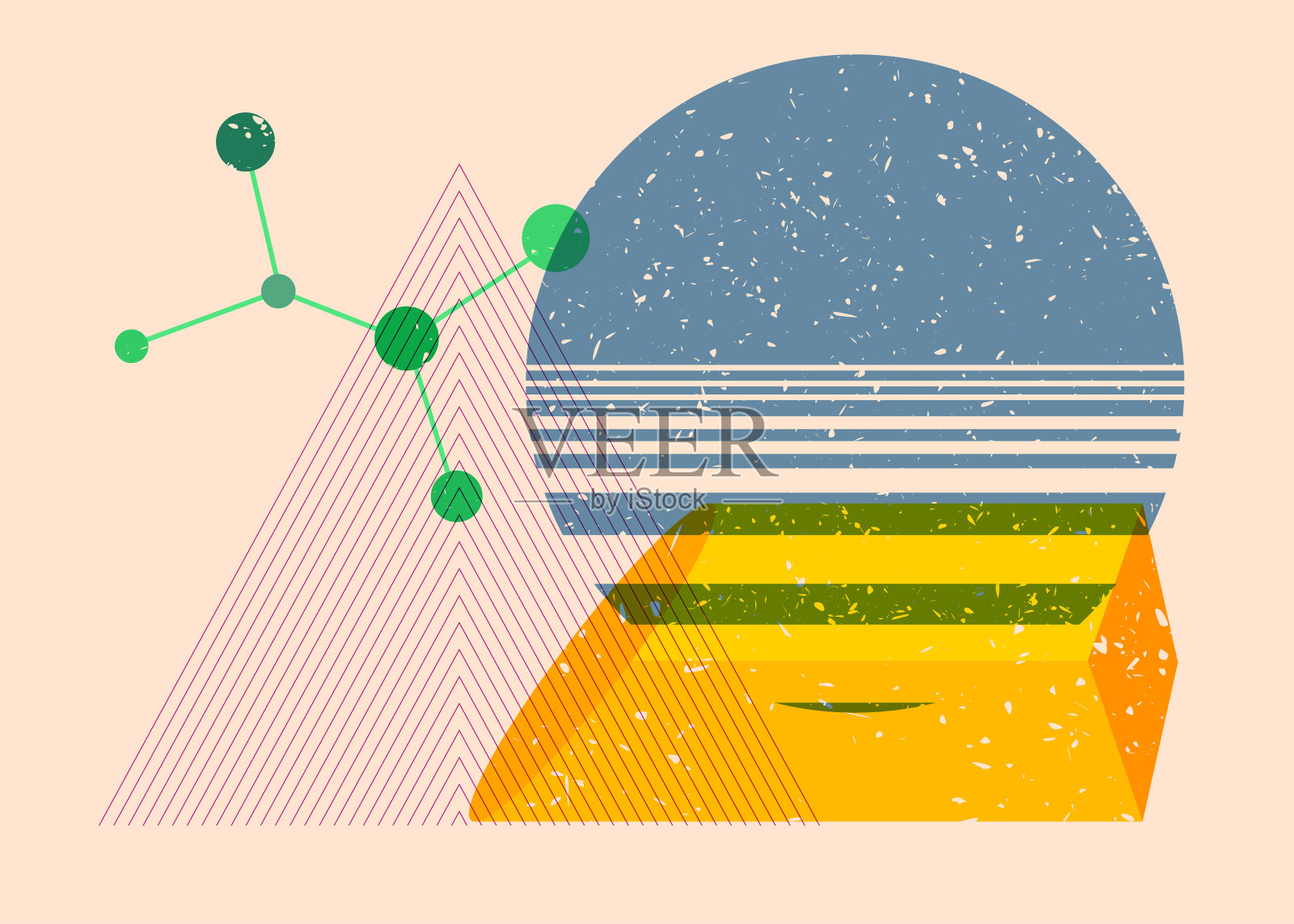 五颜六色的几何形状。新潮riso图形设计中的对象。几何元素抽象risograph打印纹理风格。插画图片素材